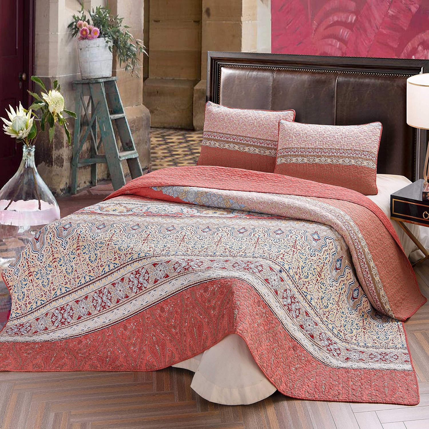 Exclusivo Mezcla 100% Cotton 2-Piece Rustic Printed Boho Twin Size (92x68 Inch) Quilt Set as Bedspread/Coverlet/Bed Cover- Lightweight, Reversible & Decorative