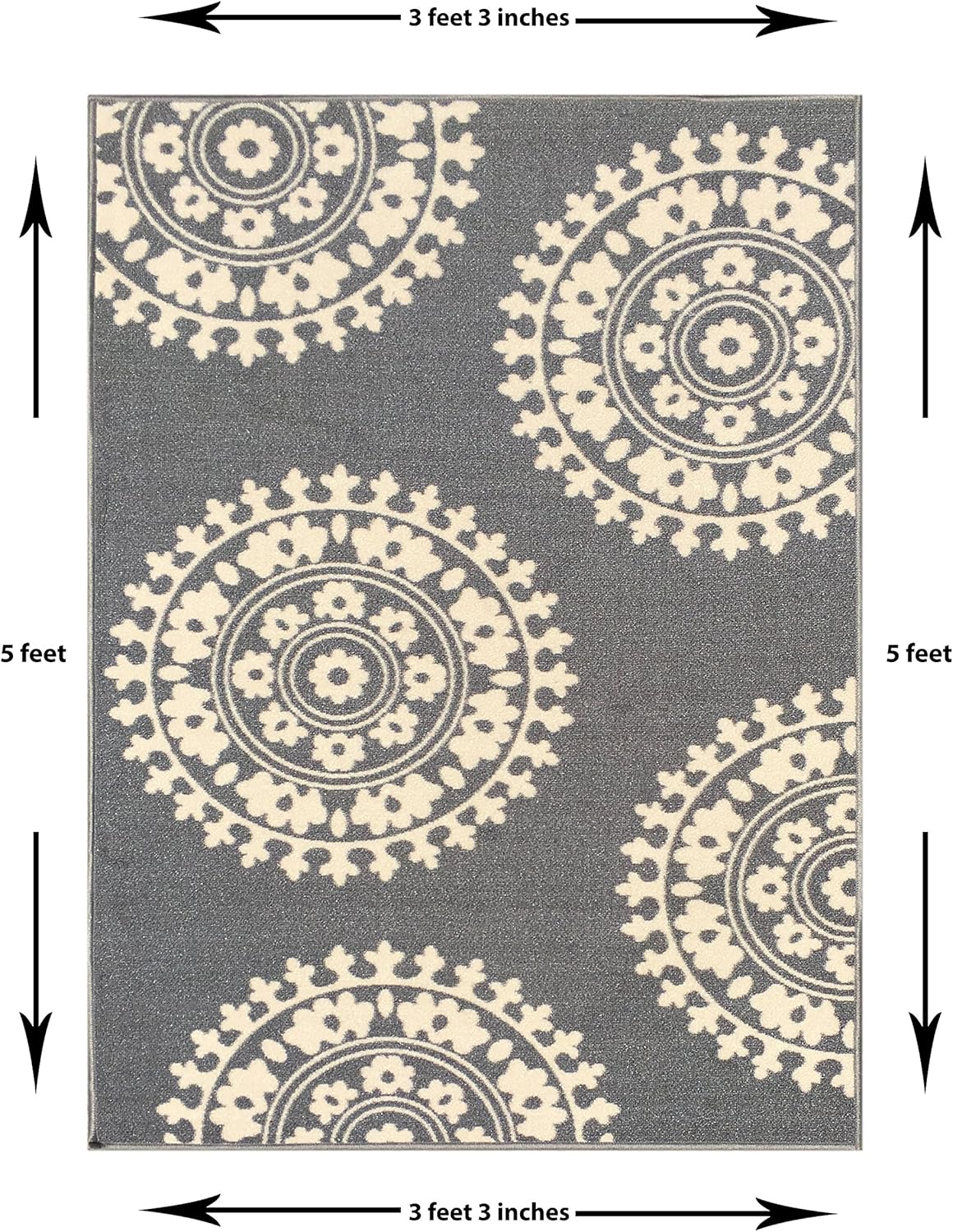 Qute Home European Medallion Non-Slip Rubber Backed Area Rugs & Runner Rug (Grey - Ivory) (3 ft X 5 ft. Area Rug)
