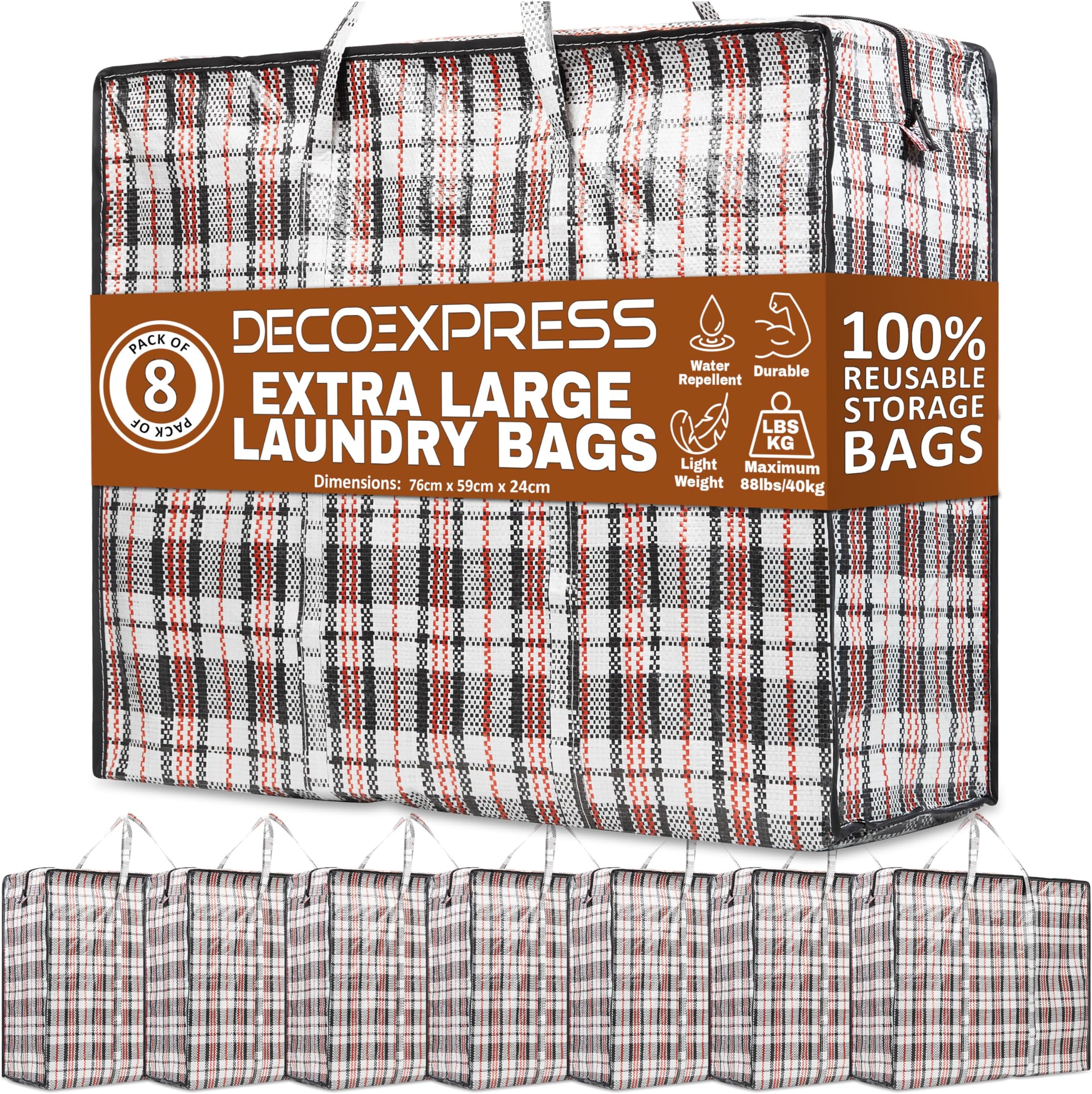 Laundry Bags XXL, Pack of 8, 107L Strong, Durable & Reusable Extra Large Storage Bags with Zips, Ideal for Moving, Shopping, Packing, Laundry & Clothes Storage (76 X 59 X 24 CM)