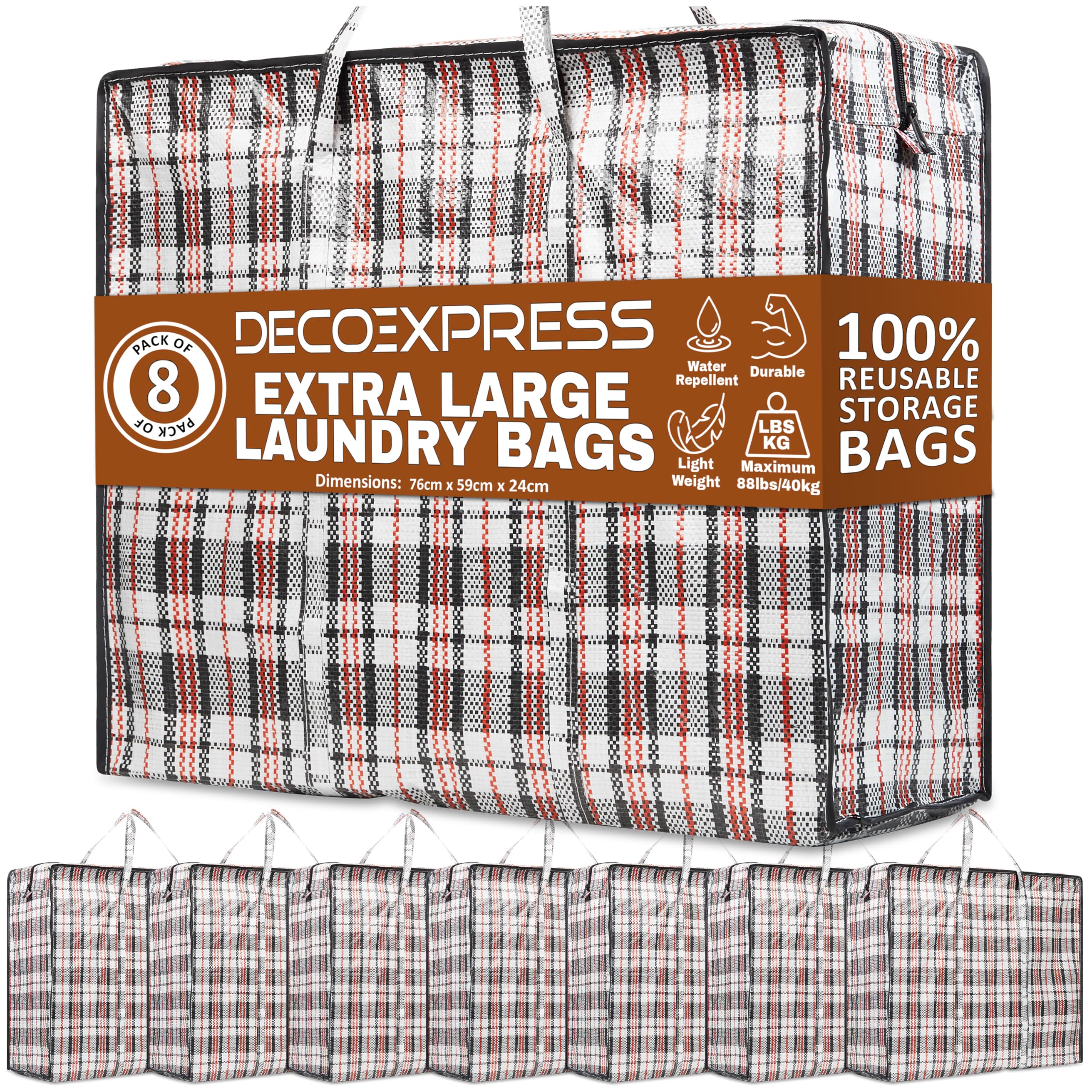 DECO EXPRESS Laundry Bags XXL, Pack of 8, 107L Strong, Durable & Reusable Extra Large Storage Bags with Zips, Ideal for Moving, Shopping, Packing, Laundry & Clothes Storage (76 X 59 X 24 CM)