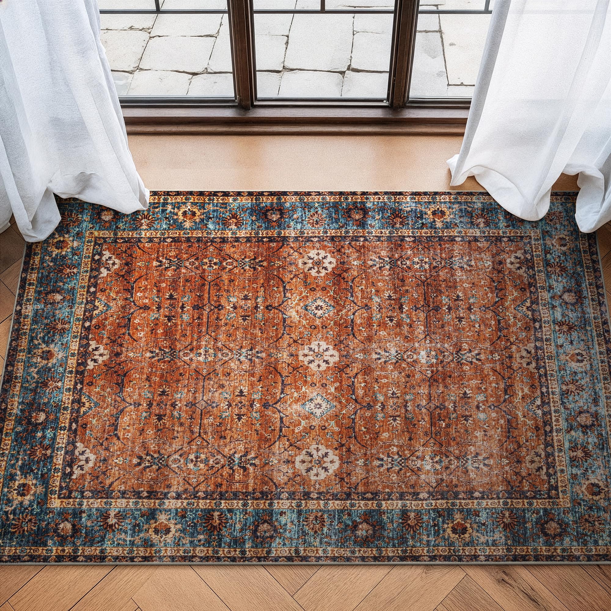 Bloom Rugs Washable Non-Slip 3' x 5' Rug - Orange/Teal Blue Traditional Bordered Area Rug for Living Room, Bedroom, Dining Room, and Kitchen - Exact