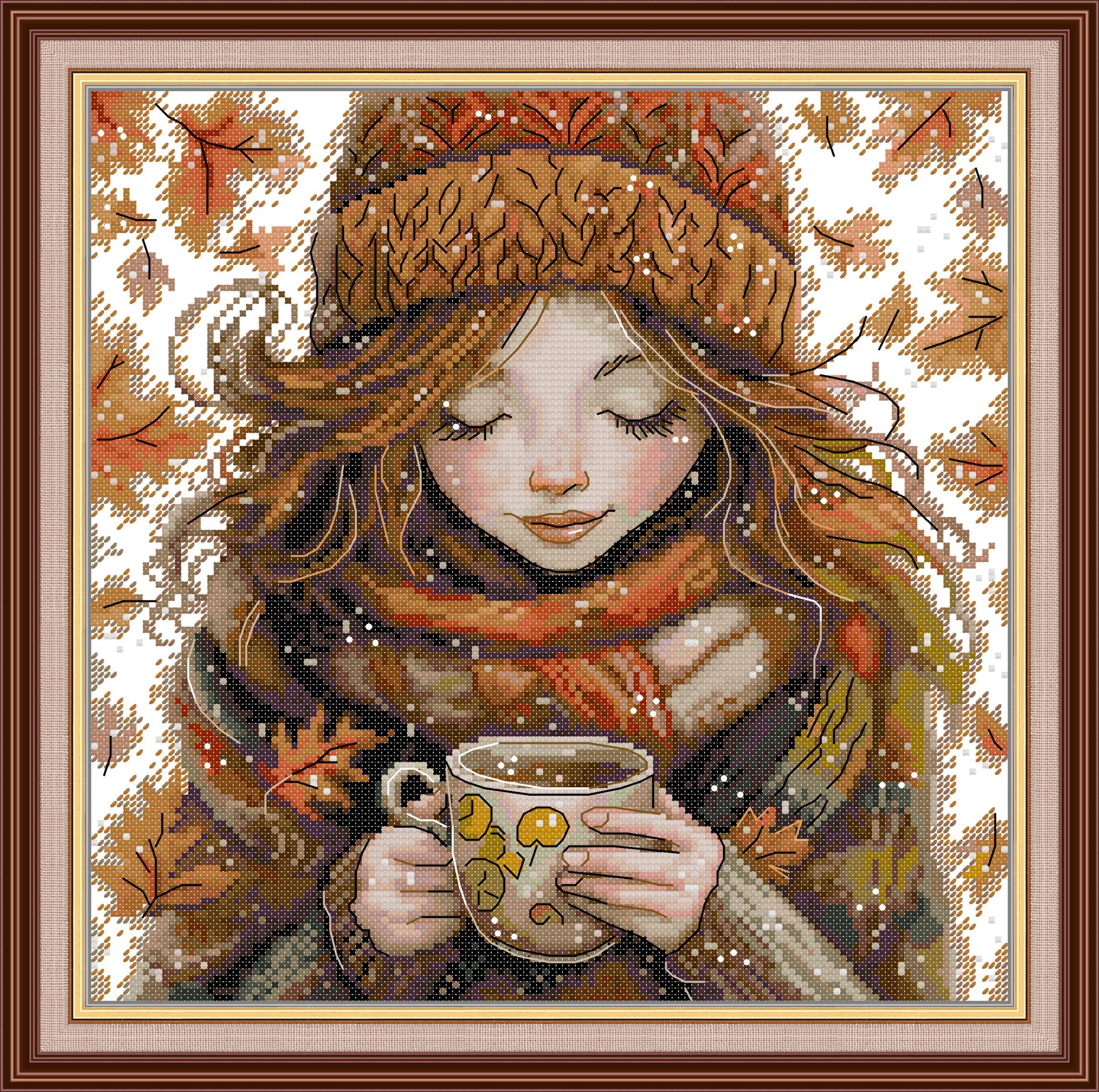 Threadhaven Cross-Stitch Kit 14CT Aida Counted Embroidery Complete Set with Fabric, Threads, Needles & Chart-Premium Beautiful Girls Design for Adults & Beginners- Winter Warm Tea 13''×13''
