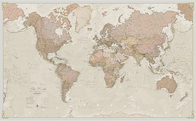 Carte du monde murale géante antique laminée 201x116,5 cm