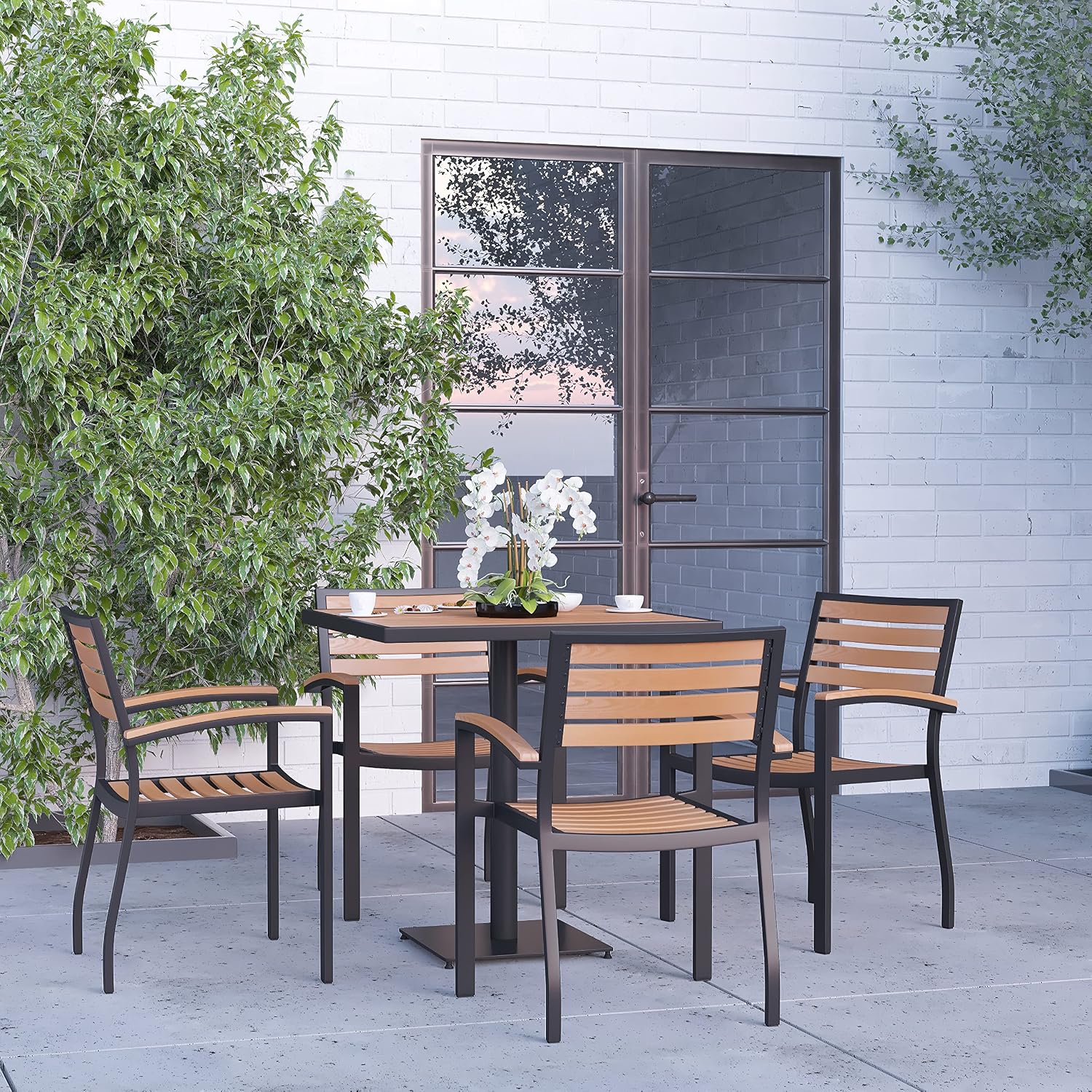 Merrick Lane Alani Five Piece Patio Set - 30" Square Faux Teak Table - Four Stacking Club Chairs with Arms - All Weather Materials for Indoor and Outdoor Use