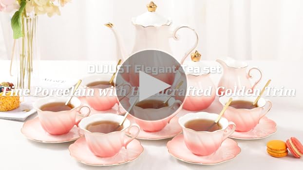 DUJUST 22 pcs Porcelain Tea Set for 6, Luxury British Style Tea/Coffee Cup  Set with Golden Trim, Beautiful Tea Set for Women, Tea Party Set, Gift