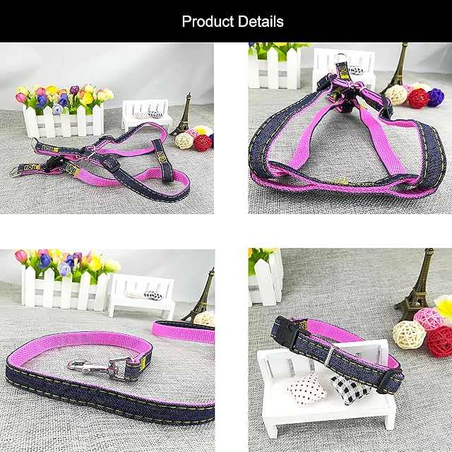 Foto 6 de 7 de Newtensina Moda Perro arnés Collar y Correa Set cómodo Tela de Mezclilla Perrito arnés Collar con Correa…