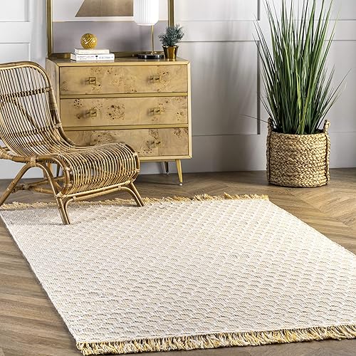 nuLOOM Wylie - Alfombra de lana con flecos de panal de abeja, 4 x 6, beige