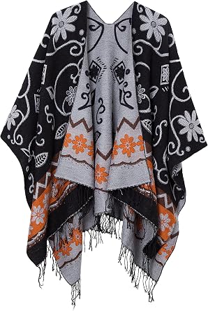 Urban CoCo Womens Open Front Poncho Shawl Wrap Western Printed Tassel