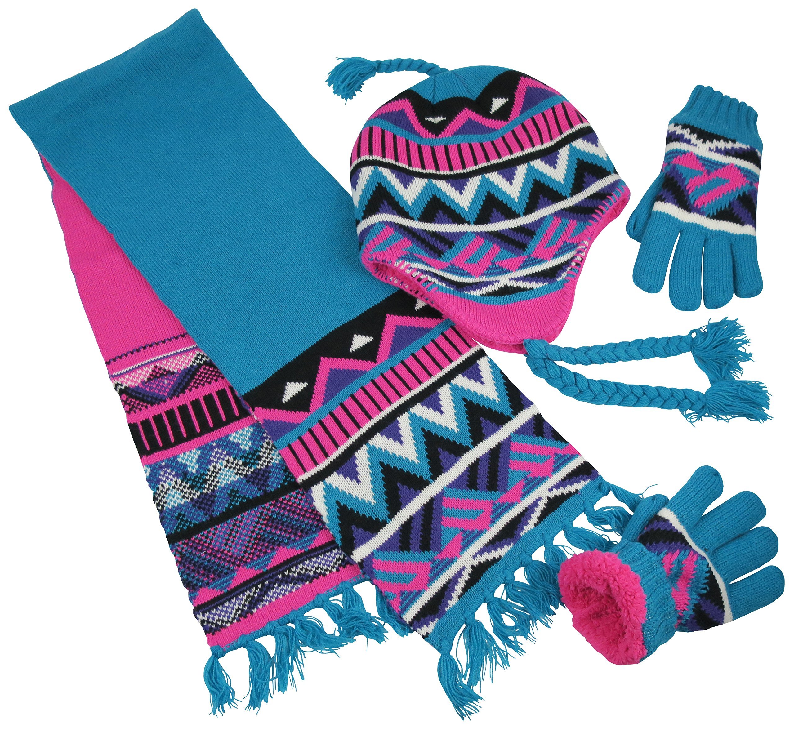 N'Ice Caps Kids Hat Glove Scarf Girls Winter Knit Accessory Set Warm Sherpa Lined 3 Piece