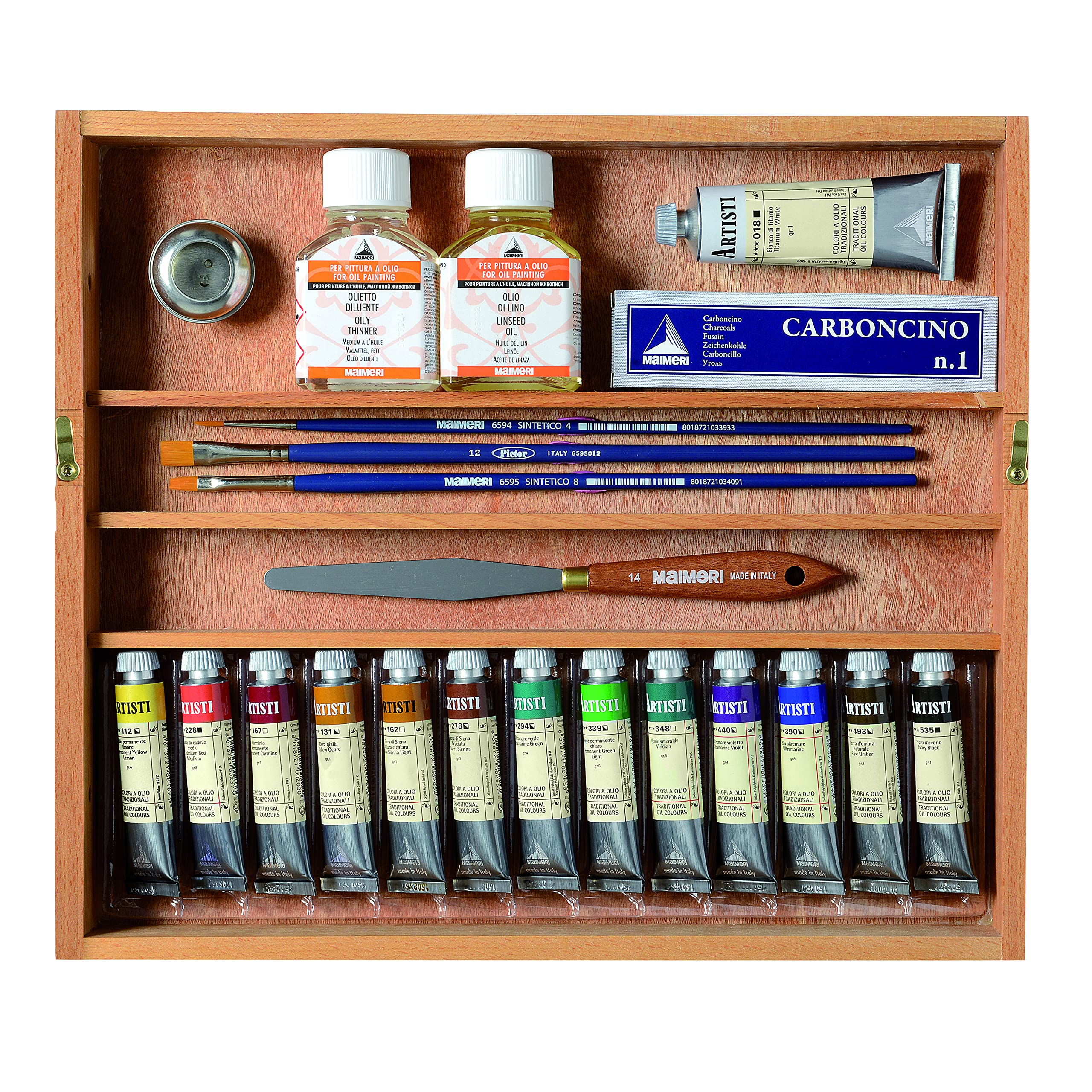 Maimeri Artisti, Künstler Ölfarbe, Staffeleibox aus Buchenholz, 14 Farben Set, sortiert, 23Stk - M0199073