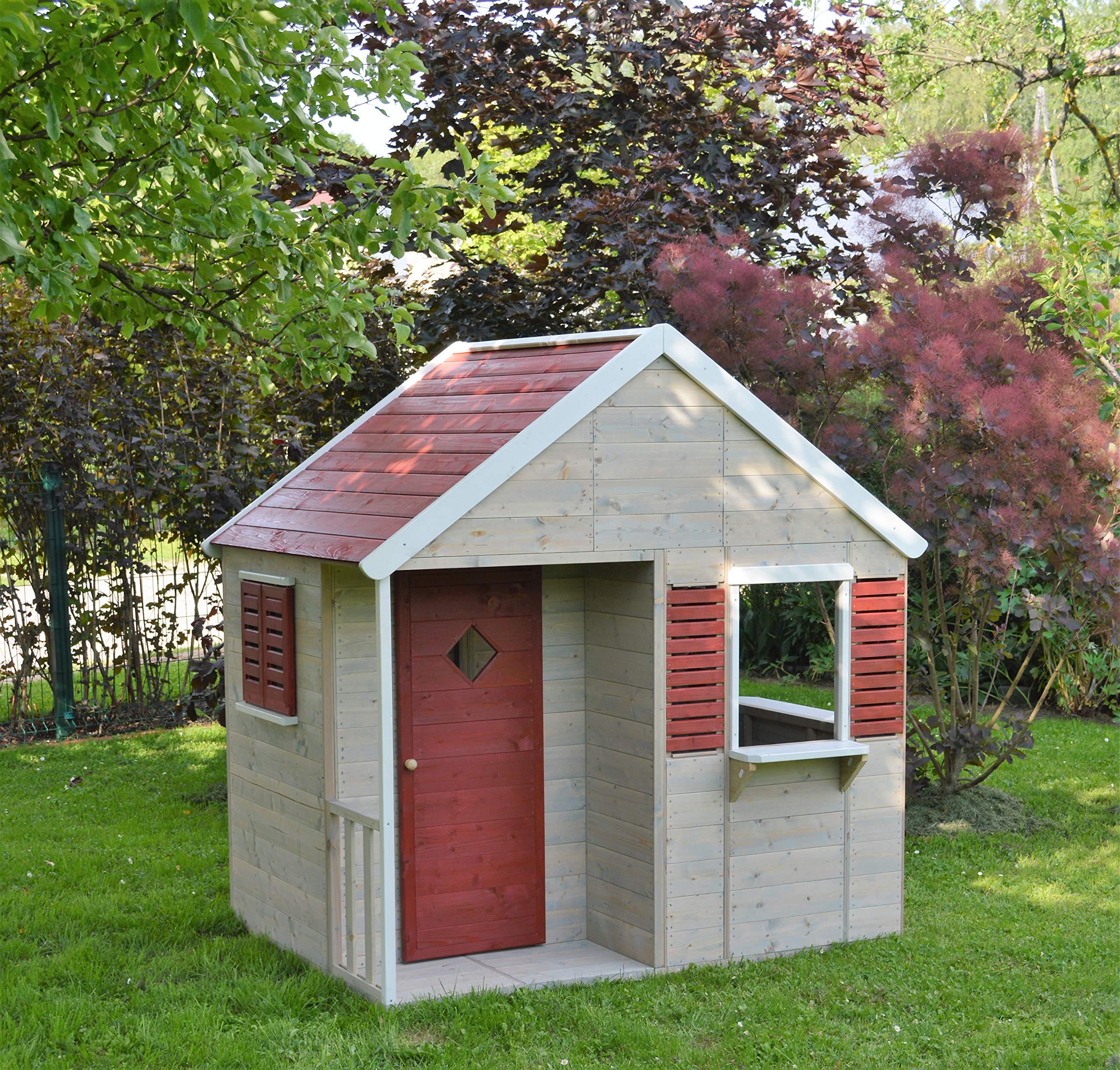 casa de Juegos de Madera para niños jardín 120×155×168 cm con Puerta, Ventana, persianas, terraza y estantería Interior, Color Rojo – M12R