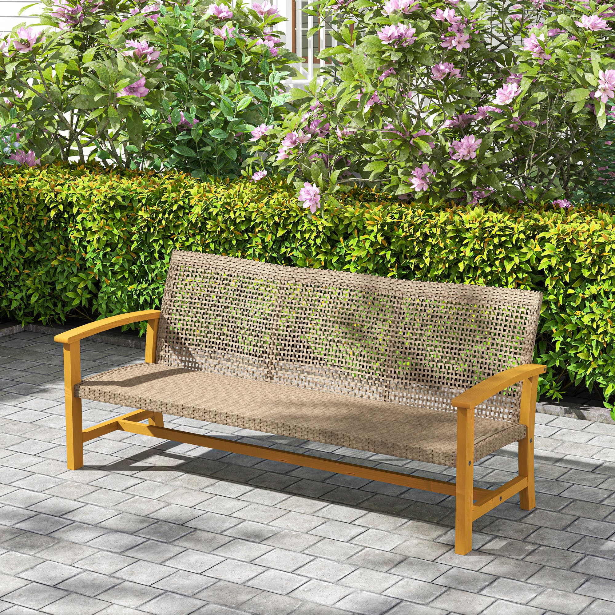 Sofá de mimbre para exteriores, sofá de mimbre para patio al aire libre, 1000 libras de capacidad, muebles de patio de madera de acacia con asiento de acero y reposabrazos para patio trasero 8