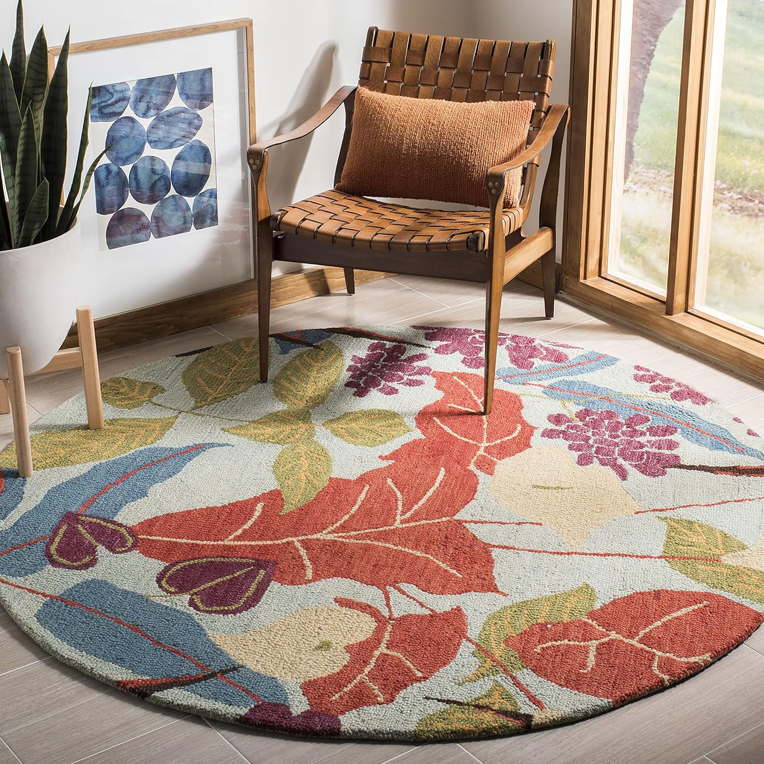 Handmade Blue Floral Wool Round Area Rug, 6'