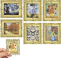6PCS 1:12 Scale Dollhouse Wall Art Set - Miniature Vintage Gold Framed Van Gogh Monet Oil Paintings for Dollhouse Decor