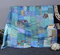 Vista 16 de Boho Sanskriti Colcha de seda india Kantha de retazos de seda tamaño Queen Twin Patola Colcha