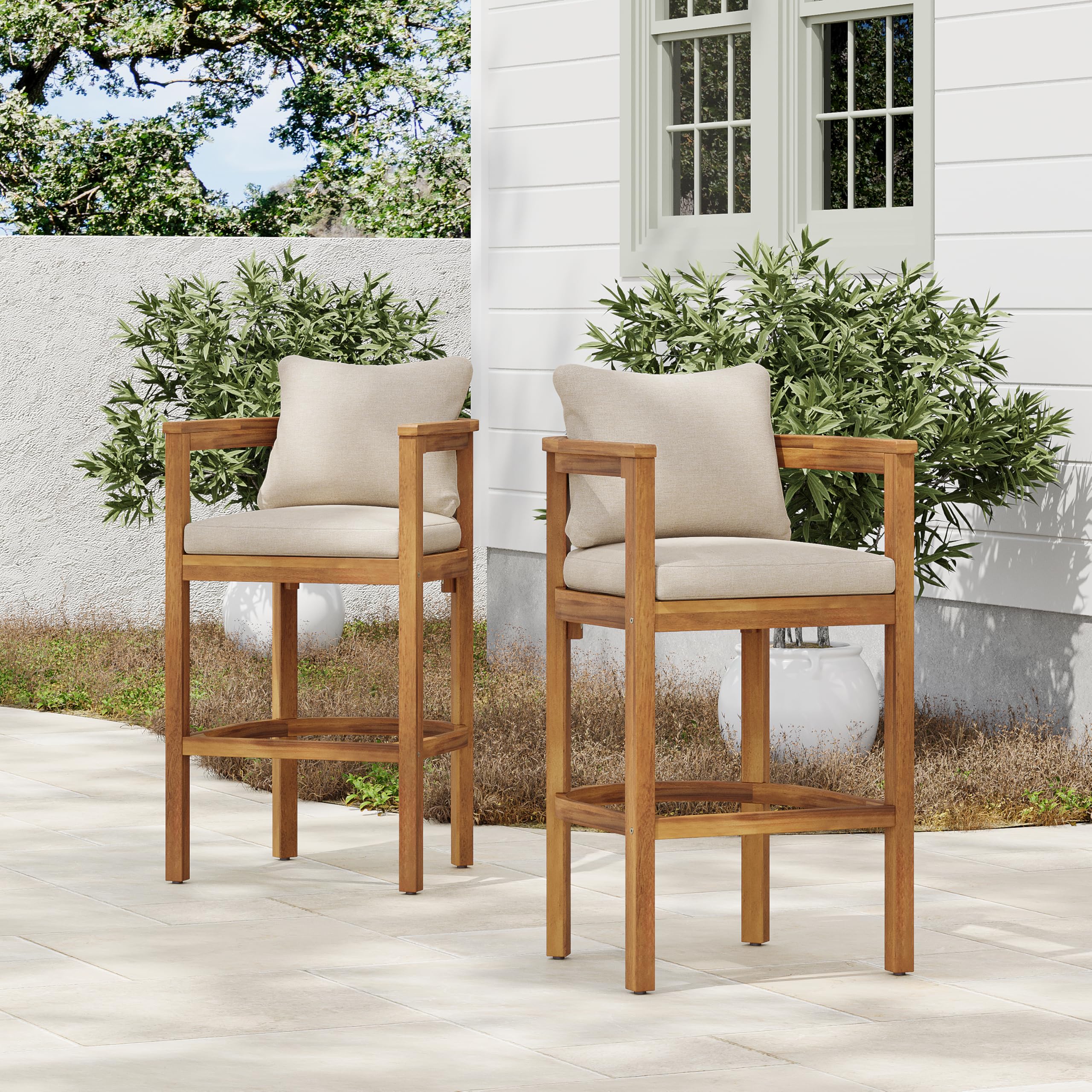 Photo 1 of Christopher Knight Home Kuart Acacia Wood Outdoor Bar Stool Set of 2 with Cushion, Patio Armchair Set for Bar Table, Wooden Counter Height Patio Bar Stool with Footrest, Teak+Beige