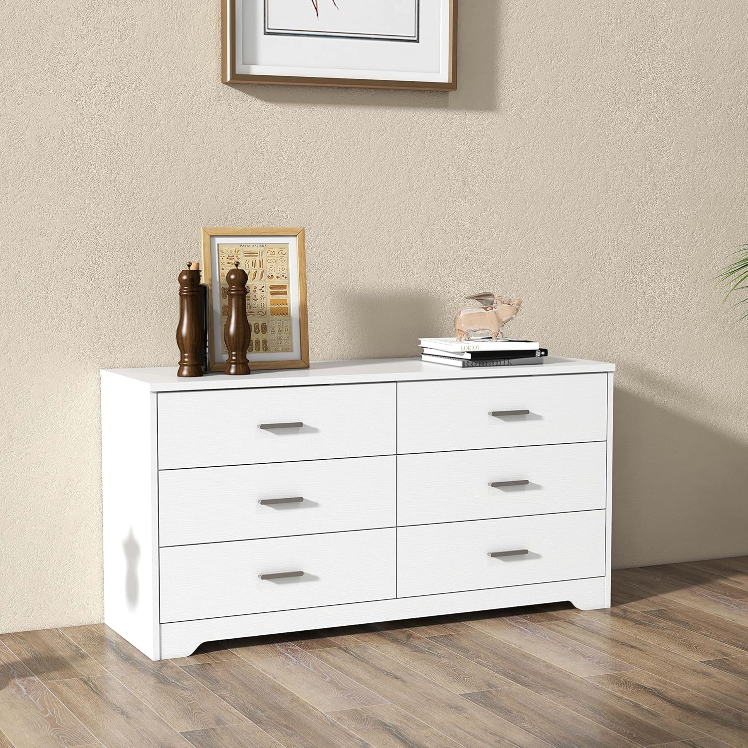 Panana Wooden 5/6 Drawer Dresser, Wide Modern Chest of Drawers, Organizer with Storage Drawers for Living Room Bedroom Hallway Closet (White, 6 Drawers) - Image 2