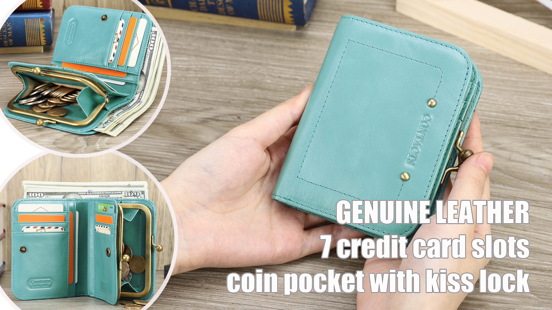 Amazon.com: CONTACTS Full Grain Leather Kiss Lock Wallet for Women