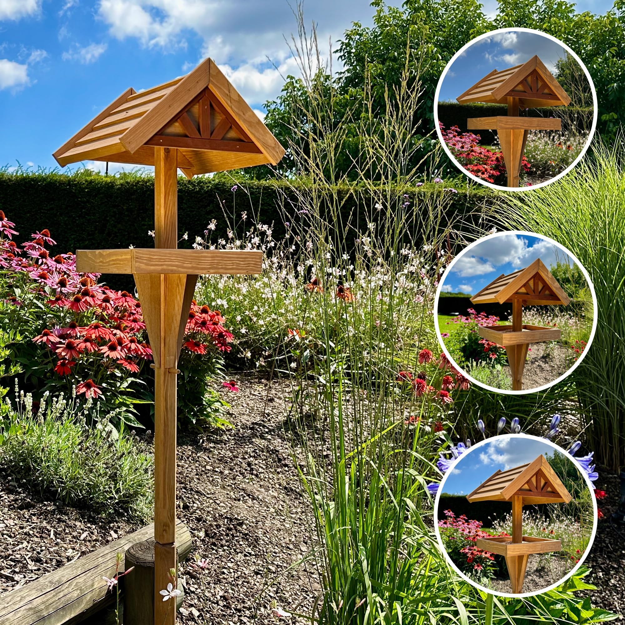 GARTENETAGE Höhenverstellbares Vogelhaus mit Ständer wetterfest/massives Vogelhaus Holz mit Erdspieß/Vogelfutterhaus mit Ständer/Robustes Vogelhäuschen für Ihren Garten