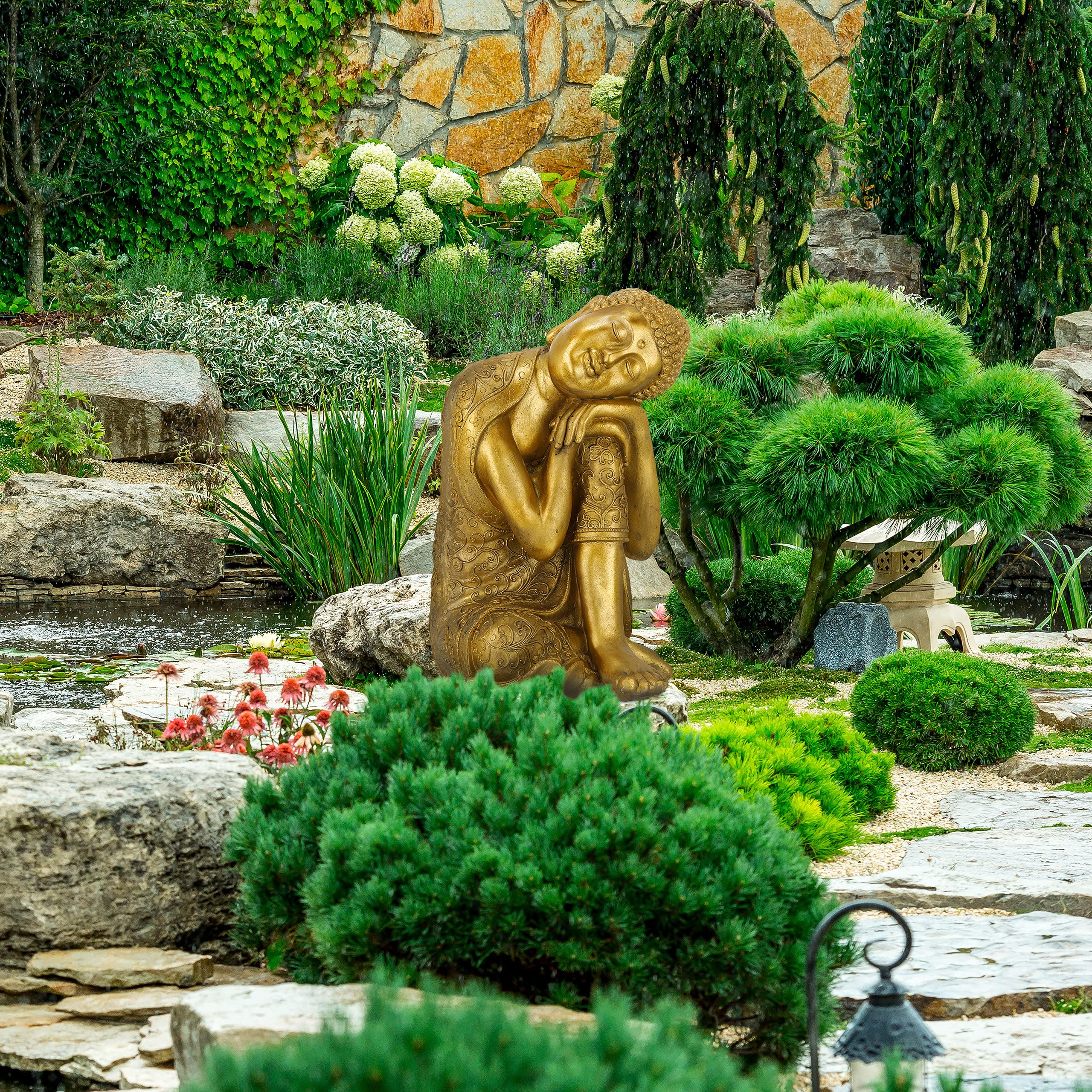 Relaxdays Buddha, Figura da Giardino, Resistente alle Intemperie, Buddha Seduto, Poliresina, HBT: 61x40x37 cm, Dorata