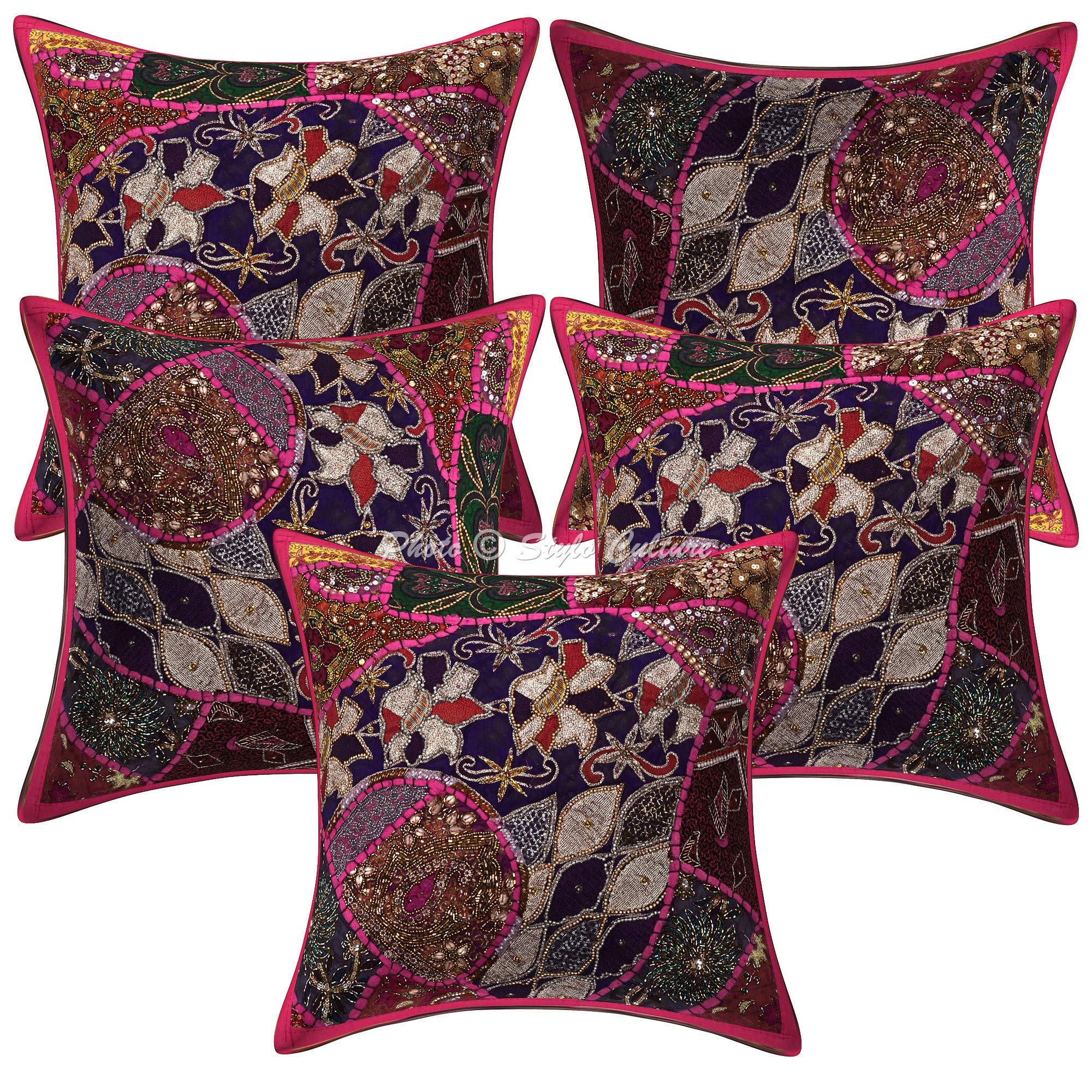 Indische Dekorativ Baumwolle Couch Kissenbezüge 40x40 cm Rosa Dekokissen Perlenbestickt Patchwork Schlafzimmer Sofa Kissen Bezüge Halsdesign Quadrat Kissenhullen - 5 STK.