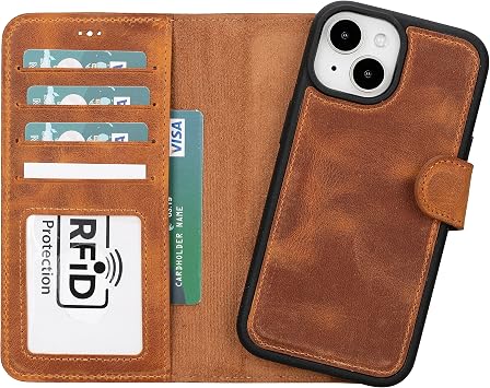 iPhone 15 ile uyumlu Hakiki Deri C zdan K l f - Kart Yuval , Tam Koruma, MagSafe Uyumlu, RFID Korumal , Stantl , G l  Manyetik Kapama -  niseks Antik Kahverengi