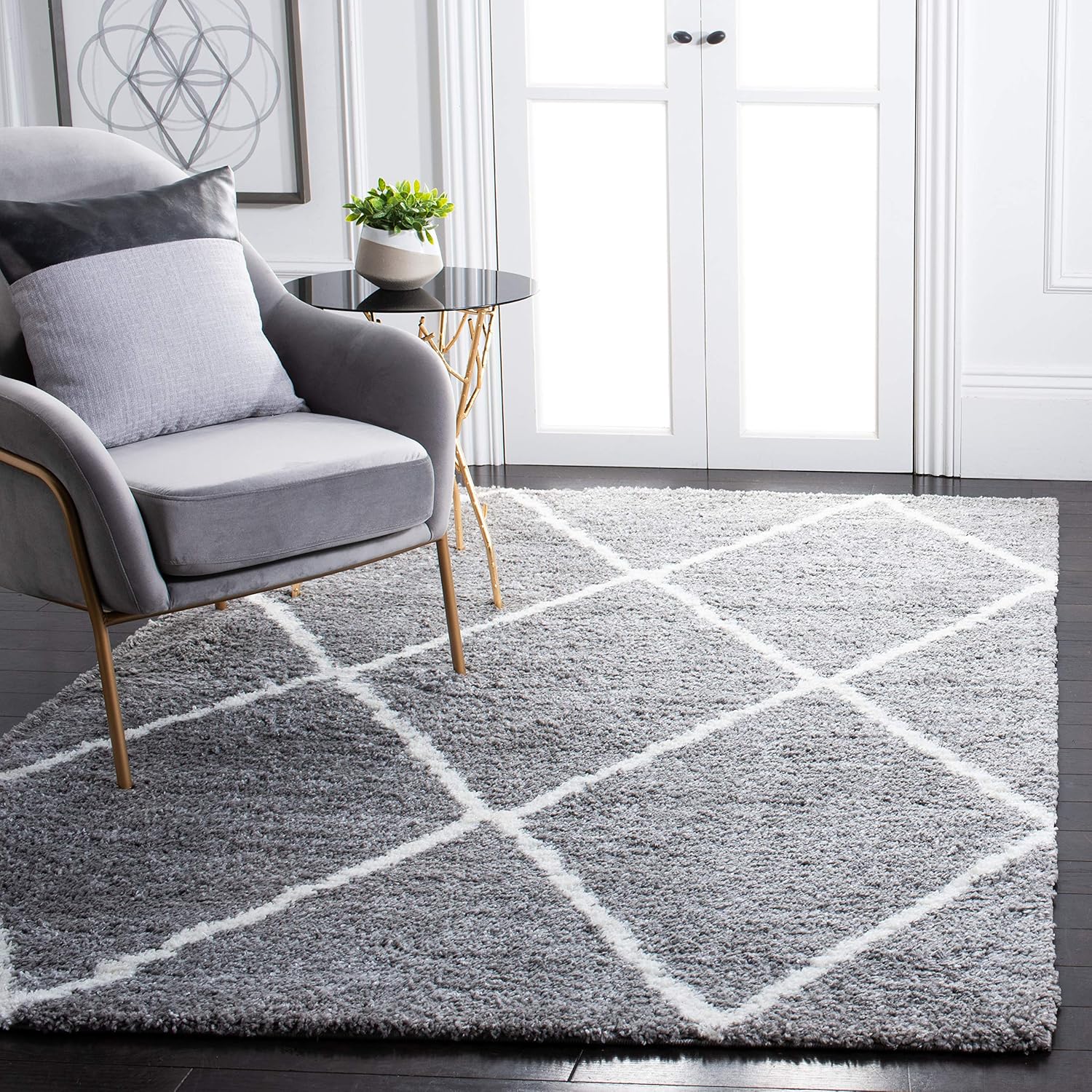 SAFAVIEH August Shag Collection Runner Rug - 2'2" x 9', Dark Grey & Ivory, Trellis Design, Non-Shedding & Easy Care, 1.25-inch Thick Ideal for High Traffic Areas in Living Room, Bedroom (AUG531G)