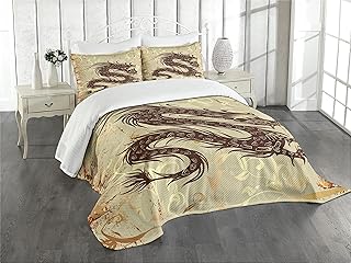 Ambesonne Japanese Dragon Bedspread, Antique Paper Style Grunge Backdrop with Old Asian, Decorative Quilted 2 Piece Coverlet Set with Pillow Sham, Twin Size, Yellow Beige