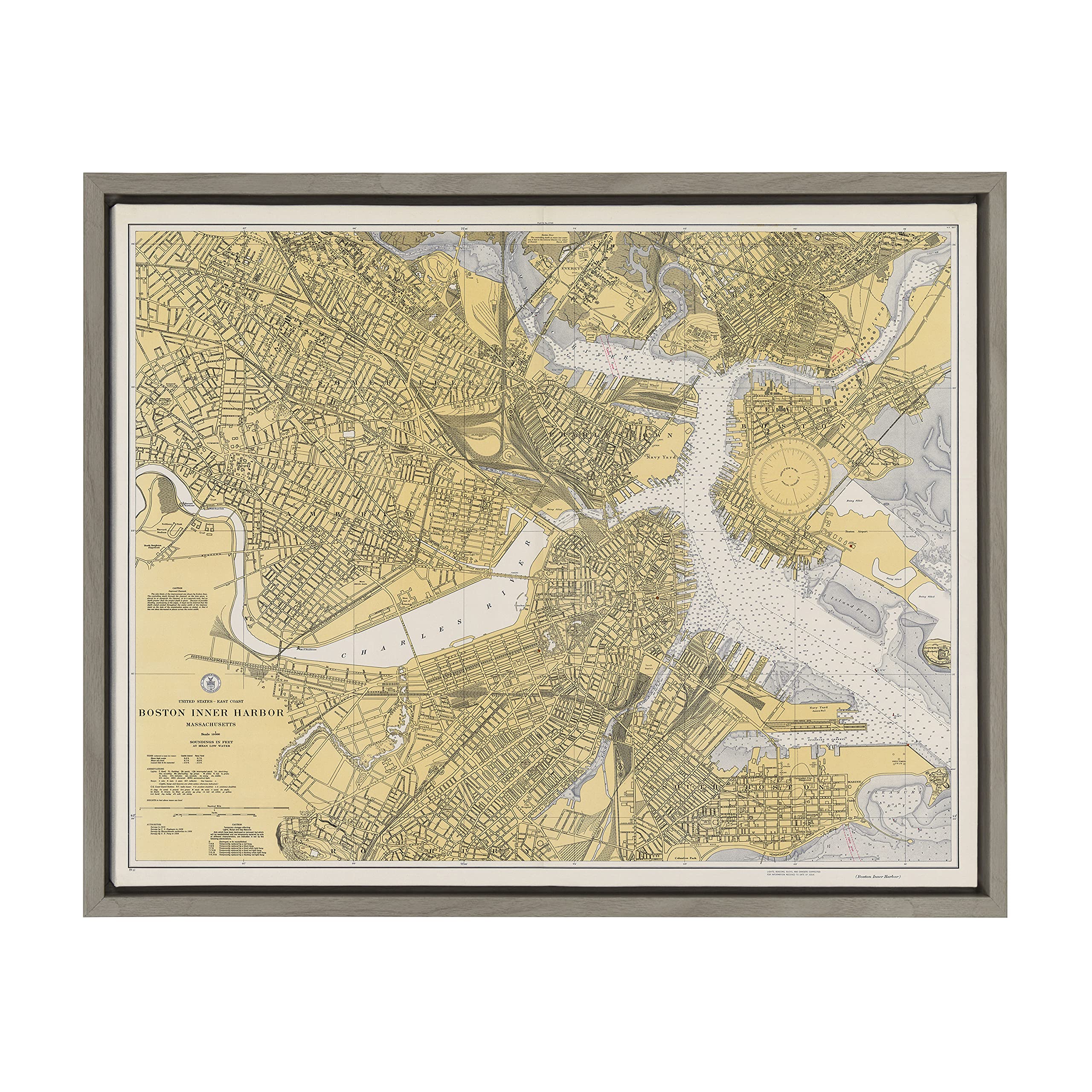 Kate and Laurel Sylvie Boston Harbor Map Framed Canvas Wall Art by Corinna Buchholz of Piddix, 18x24 Gray, Decorative Map Art for Wall