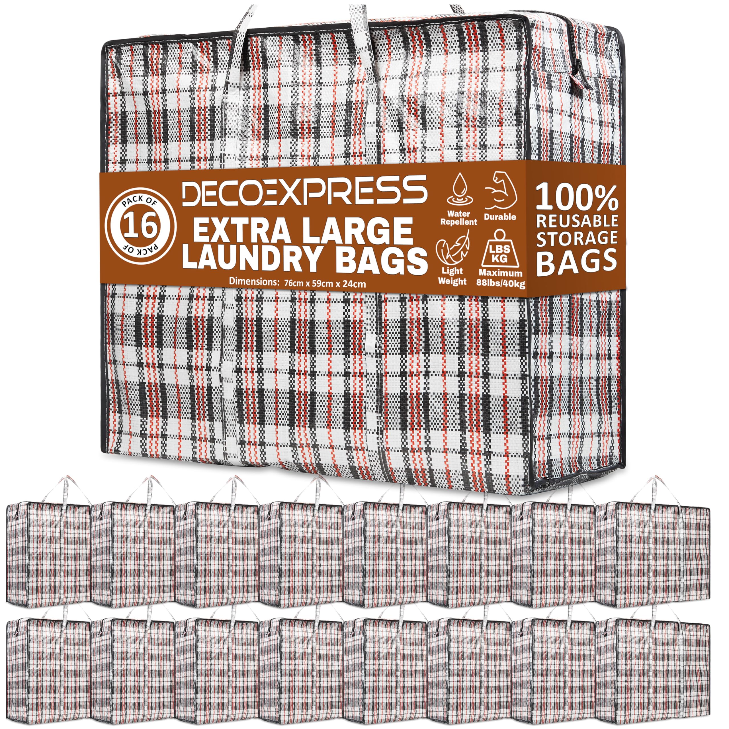 DECO EXPRESS Laundry Bags XXL, Pack of 16, 107L Strong, Durable & Reusable Extra Large Storage Bags with Zips, Ideal for Moving, Shopping, Packing, Laundry & Clothes Storage (76 X 59 X 24 CM)