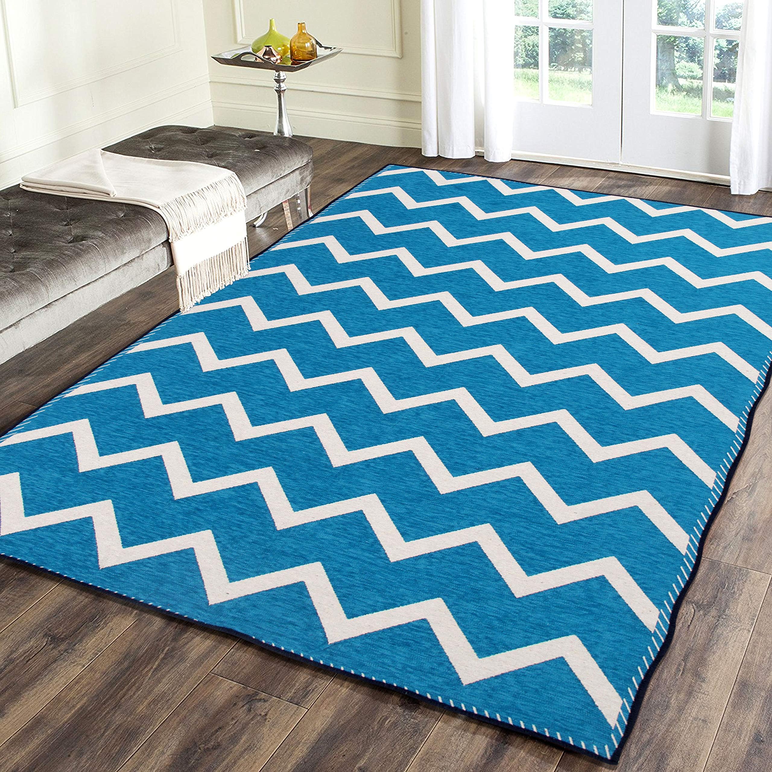 Braids Zesture Chenille Flat Weaved Chevron Design Foldable Multipurpose Runner - 5 feet x 7 Feet (Aqua)