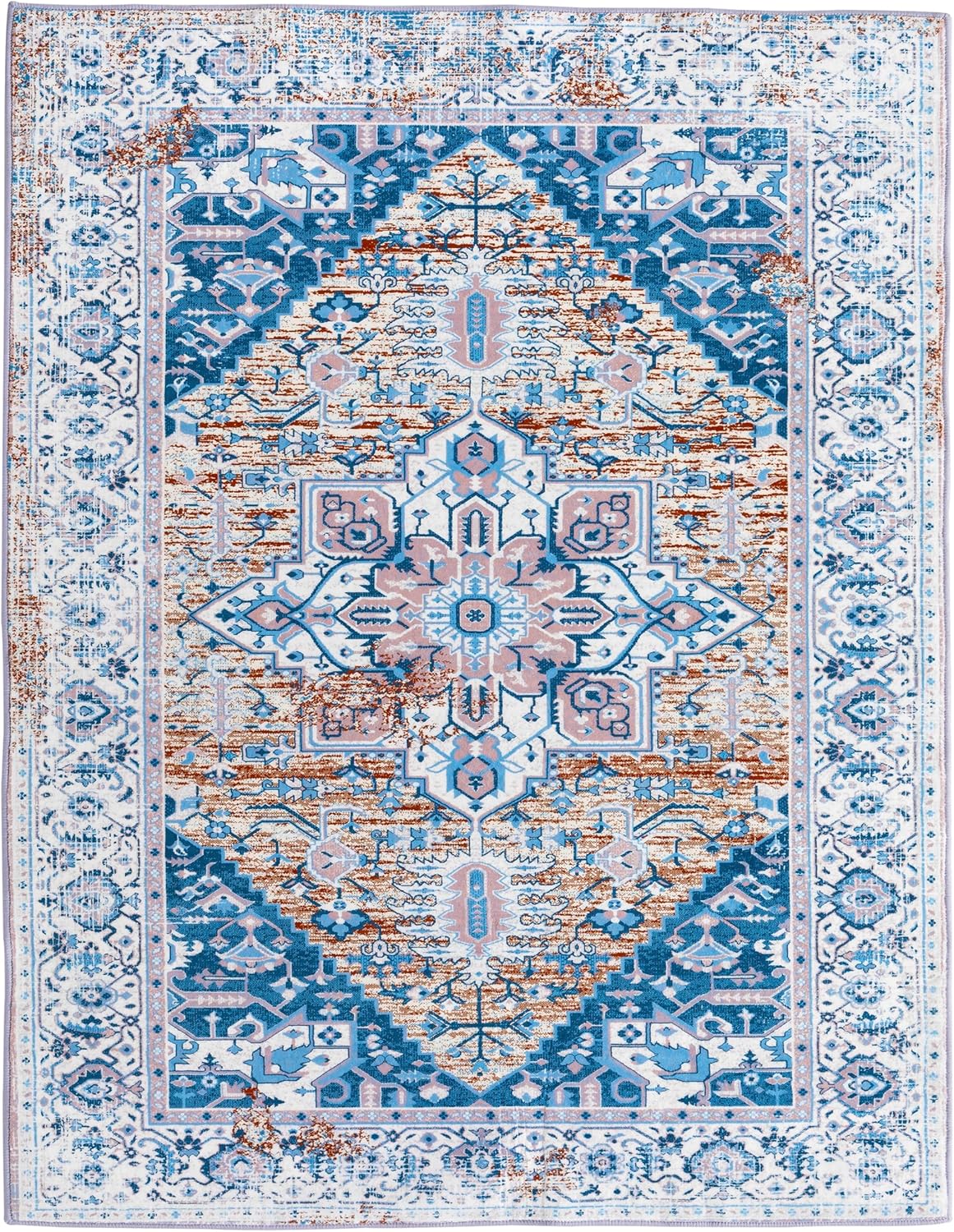 8x10 Washable Area Rug, Low-Profile Large Area Rug with Non-Slip Backing & Durable Edge Binding, Vintage Large Rugs for Living Room, Bedroom, Dinning Room, Blue