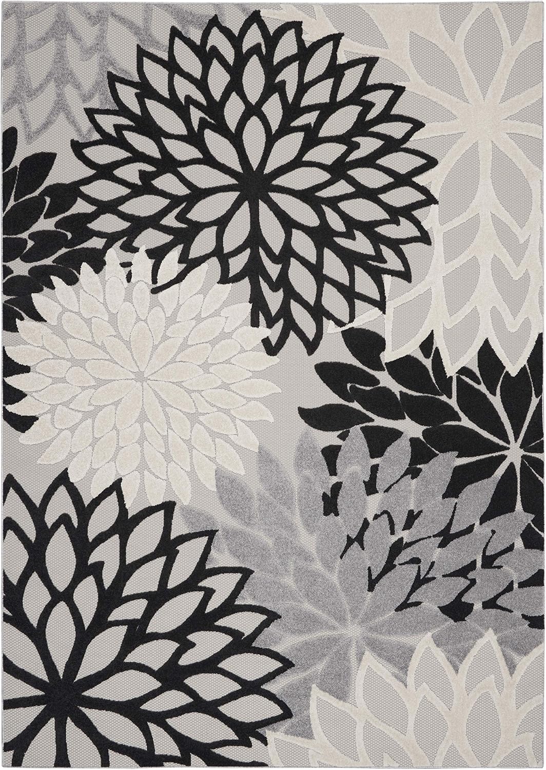 Nourison Aloha Indoor/Outdoor Black White 7'10" x 10'6" Area-Rug, Tropical, Botanical,Easy-Cleaning, Non Shedding, Bed Room, Living Room, Dining Room, Deck, Backyard, Patio (8x10)