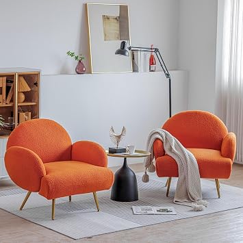 Sherpa Accent Chair Set of 2, Modern Teddy Comfy Chair with Gold Legs, Boucle Sofa Chair, Upholstered Reading Chair, Bedroom Armchair, Orange Accent Chair for Living Room