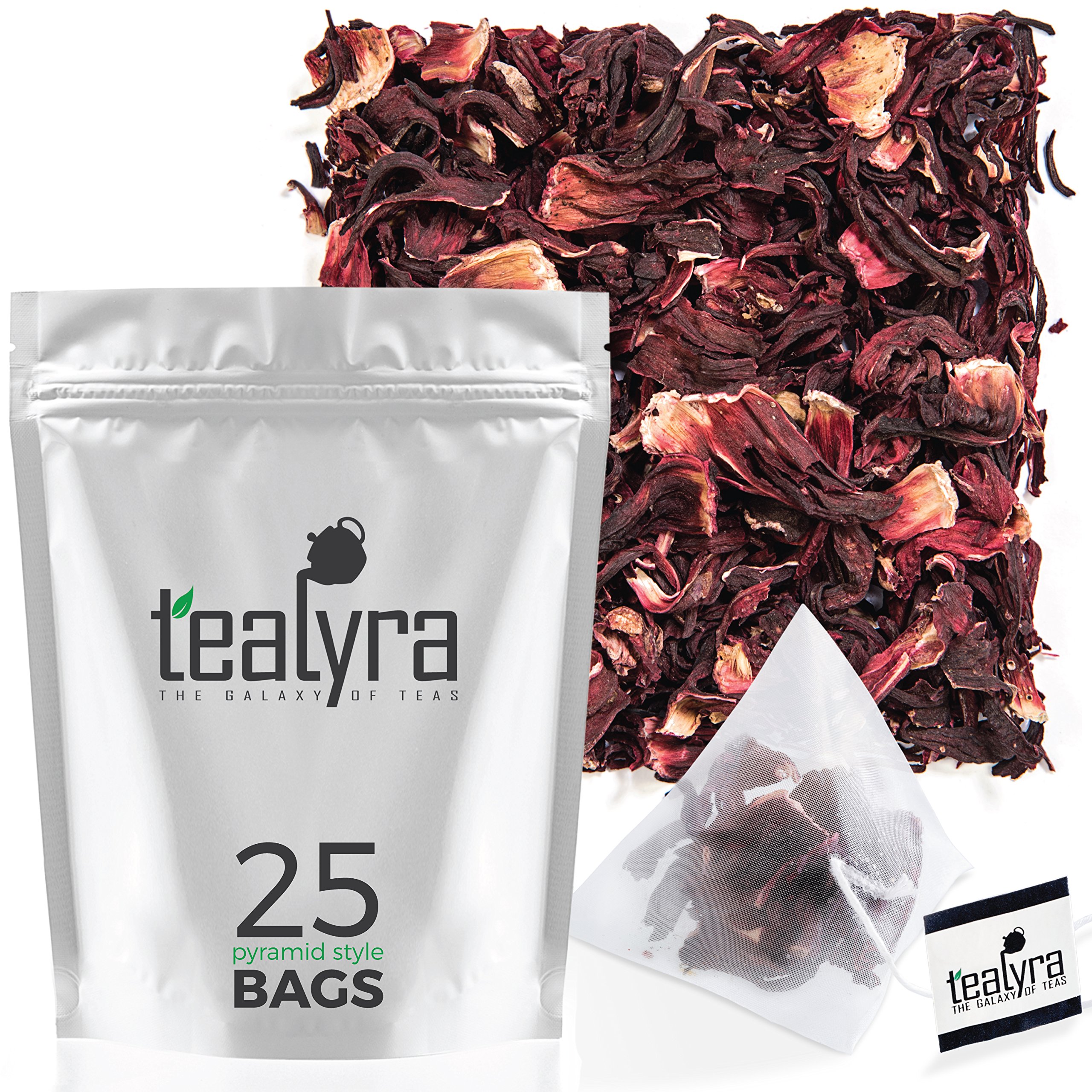 TealyraPure Hibiscus Flower Herbal Tea - 25 Bags - Loose Leaf - Organically Grown - Vitamins-Rich Tea - Caffeine Free - 25 Pyramids Style Sachets