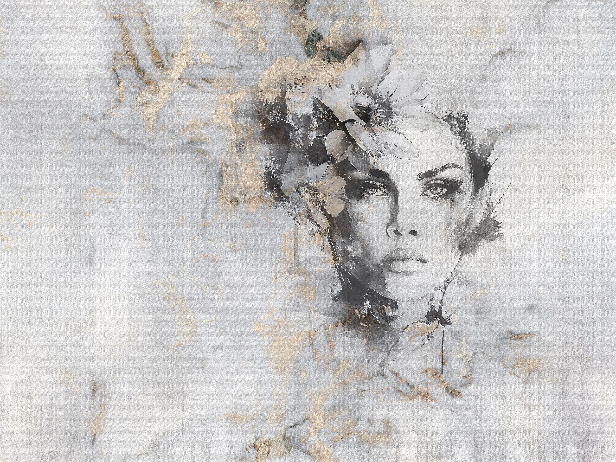 Papier peint photo effet 3D grand format motif béton et fleur