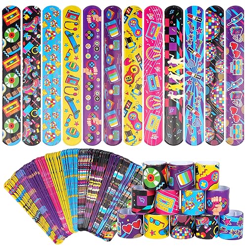 Kolewo4ever 144 Pcs 80s 90s Slap Bracelets Back to 80s 90s Throwback Theme Party Decorations Slap Bracelets Retro Cute Cassette Tape for Birthday Party Supplies