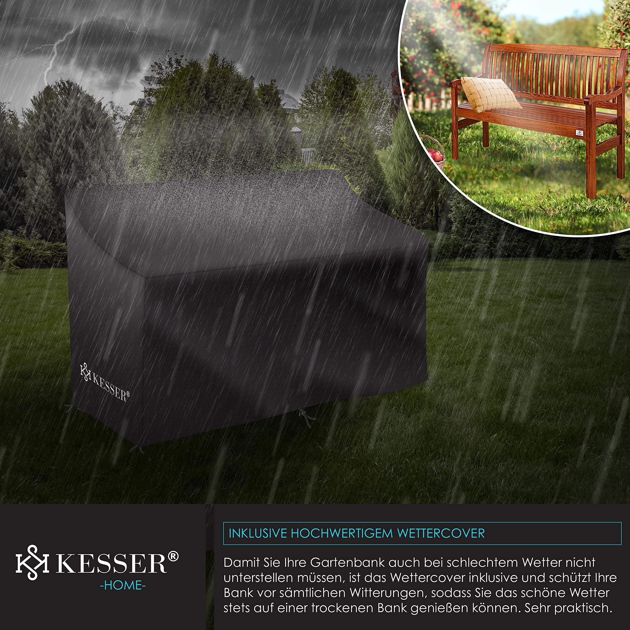 KESSER® Banc de jardin en bois résistant aux intempéries - 150 cm - 3 à 4 places - Banc de balcon en bois massif - Charge maximale : 320 kg - Pour jardin, terrasse et balcon - Avec housse - Marron