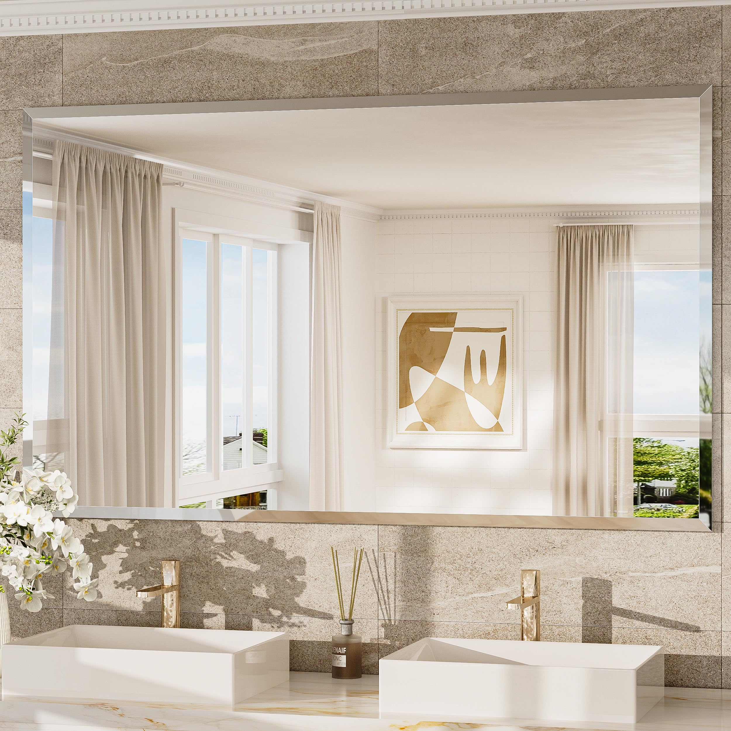 tokeshimi 60x36 frameless beveled bathroom mirror rectangle, tempered rectangle bathroom vanity mirror with 1" beveled edge, shatterproof modern mirrored wall mounted for living room, restroom