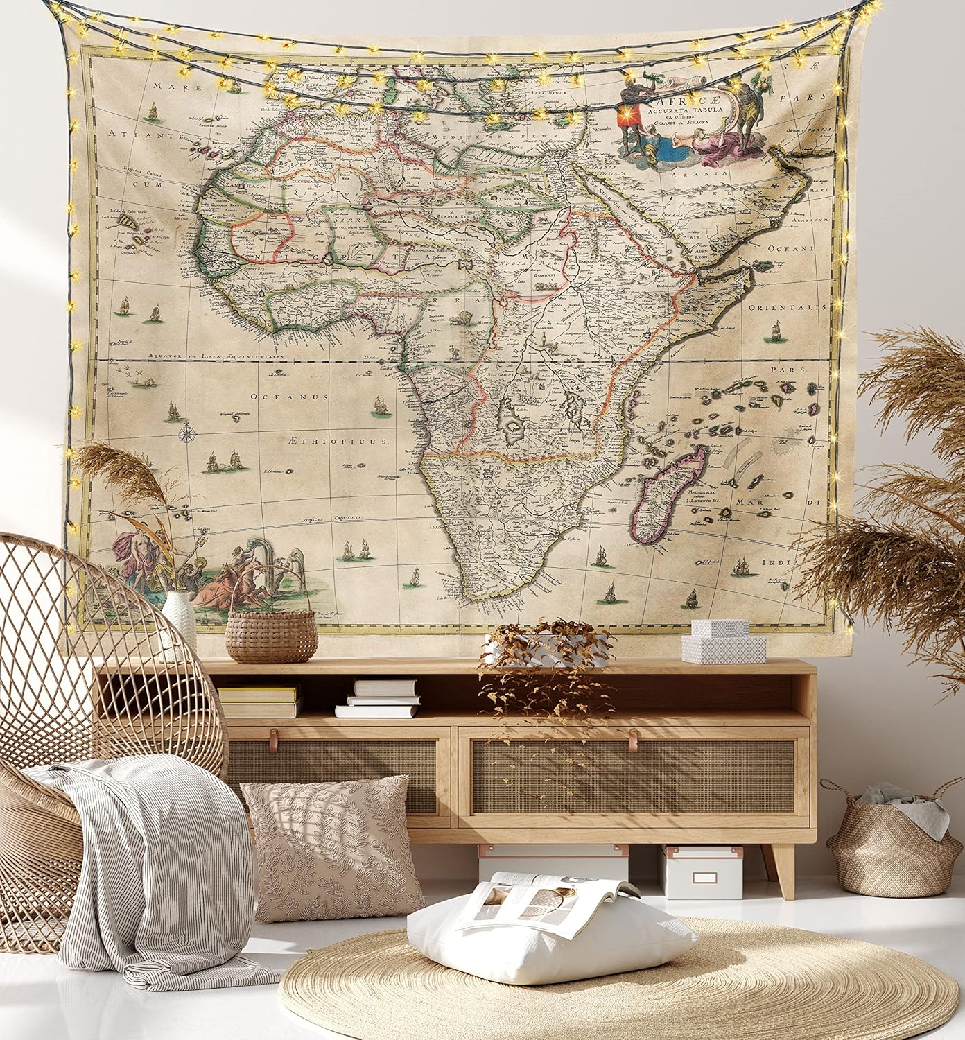 Lunarable Antique Tapestry King Size, Old Map of Africa Continent Historic Rustic Manuscript Geography, Wall Hanging Bedspread Bed Cover Wall Decor, King Size, Sand Brown Multicolor