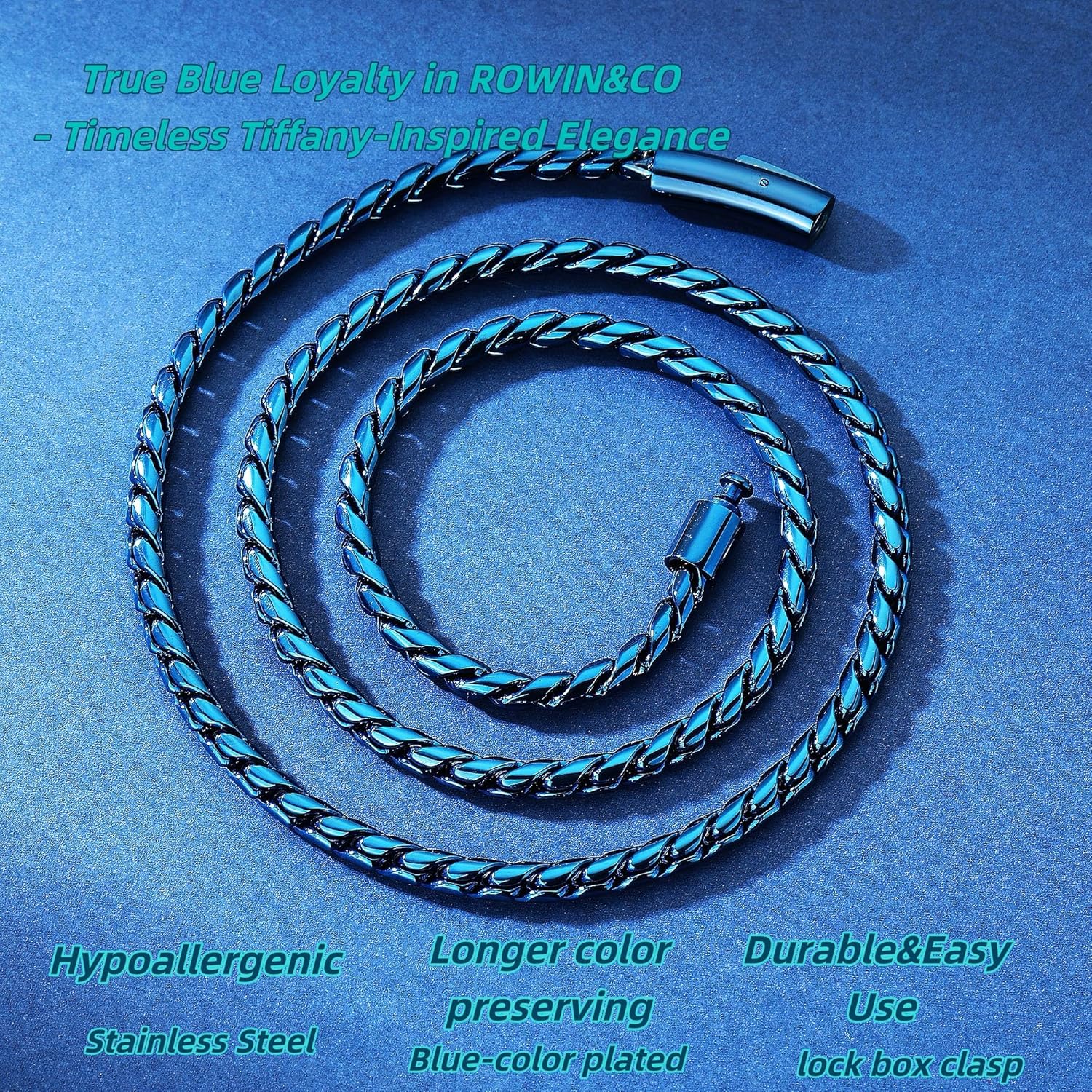 ROWIN&CO Twisted Rope Curb Cuban Chain 6mm Stainless Steel Necklace, Silver/Black/Blue Chain for Men Women Choker Jewelry Miami Link Hip hop Gifts 16"-30" - Image 2