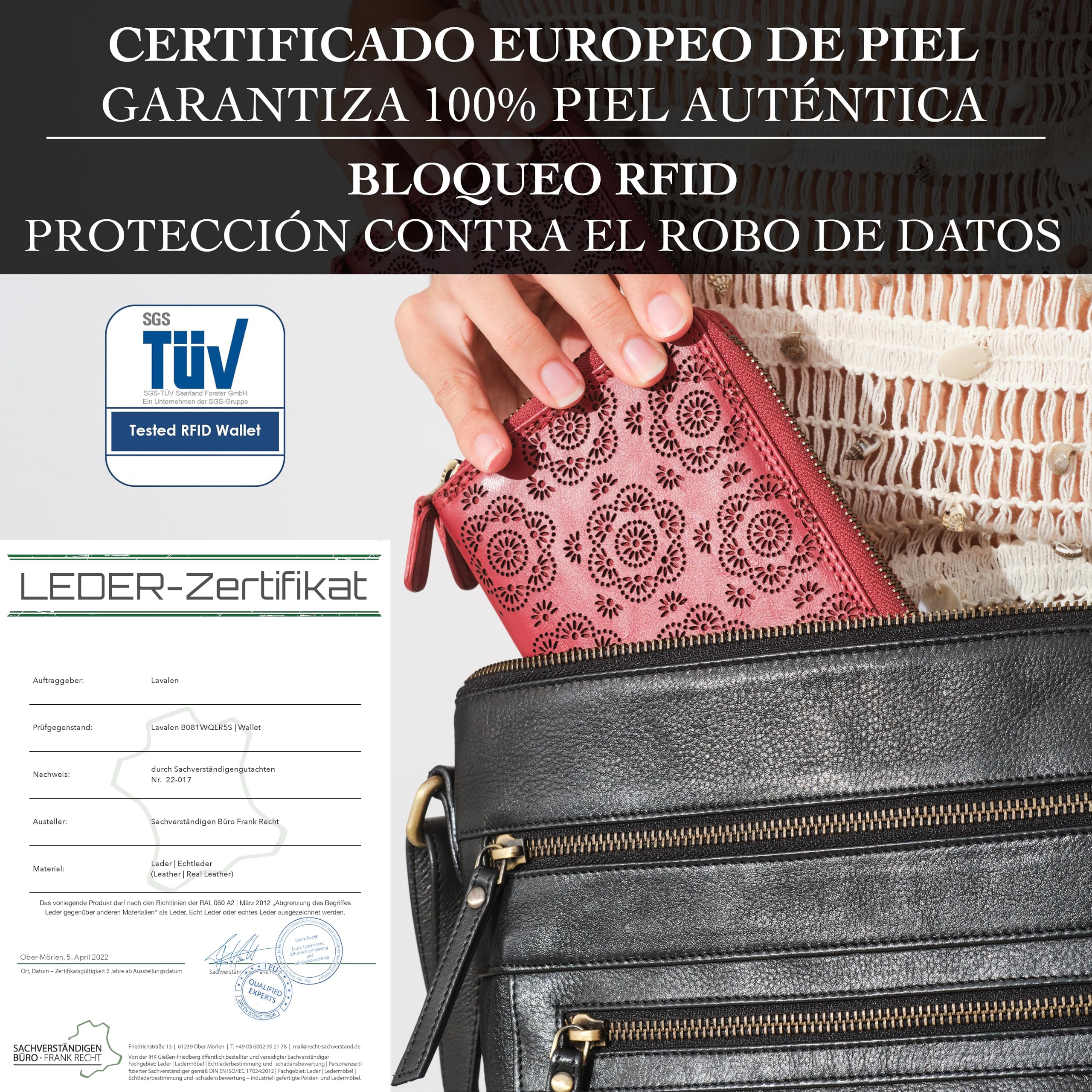 Carteras de piel de para mujer, gran espacio, cartera grande de piel con protección RFID, elegante billetera para mujer, regalo de flor roja