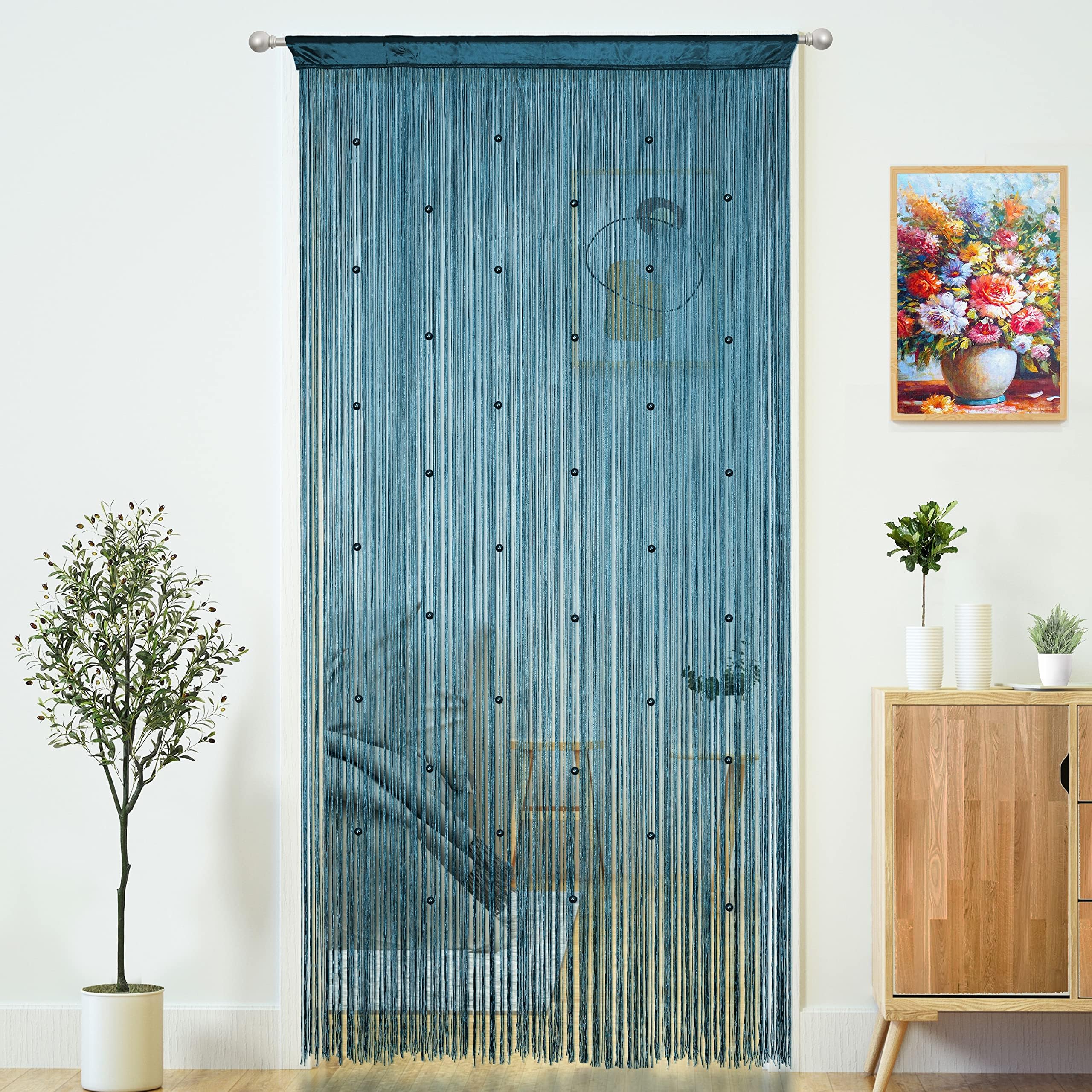 YaoYue Beaded Curtain Door String Curtains for Doorway Tassels Beads Hanging Fringe Hippie Room Divider Window Hallway Entrance Wall Closet Bedroom Privacy Decor (39×79in/100×200cm, Teal Blue)
