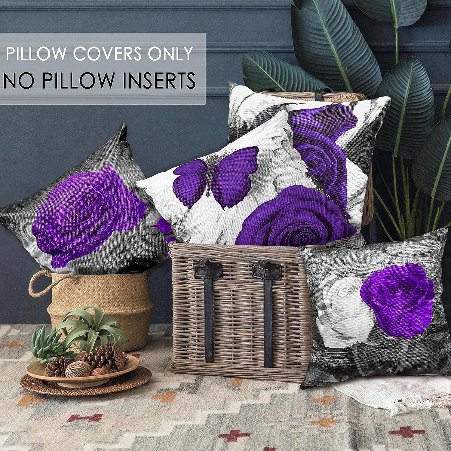 Set of 4 18x18 Flower Throw Pillow Covers - Purple Rose Couch Bed Decorative Cases, Dark Grey Black Floral Square Linen Farmhouse Pillow Cover