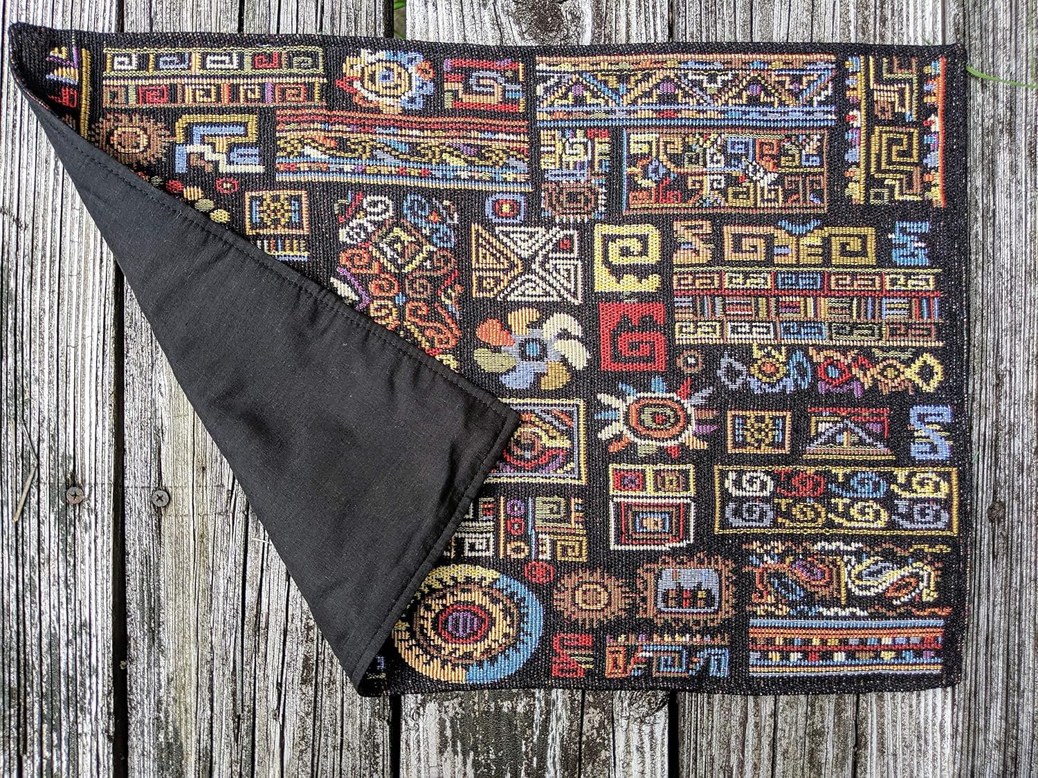 DaDa Bedding Bohemian Ethnic Ornaments Tapestry Placemats - Set of 4-Pieces Greek Ethnic Calligraphy Geometric Colorful Dark Black Design - Decorative Cotton Woven Kitchen Dining Mats - 13” x 19”