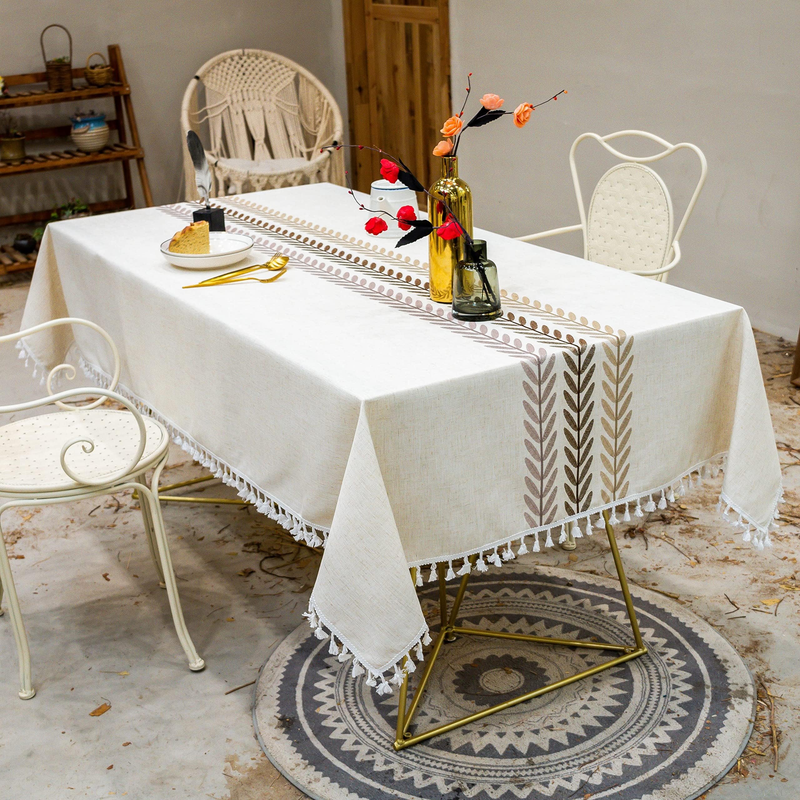 Rectangle Table Cloth, Vecolla 4-6 Seats Heavy Duty Table Cover, Cotton Linen Waterproof Table Mat Soft and Wrinkle Free Dining Table Cover Cloth with Tassels(140X220cm)