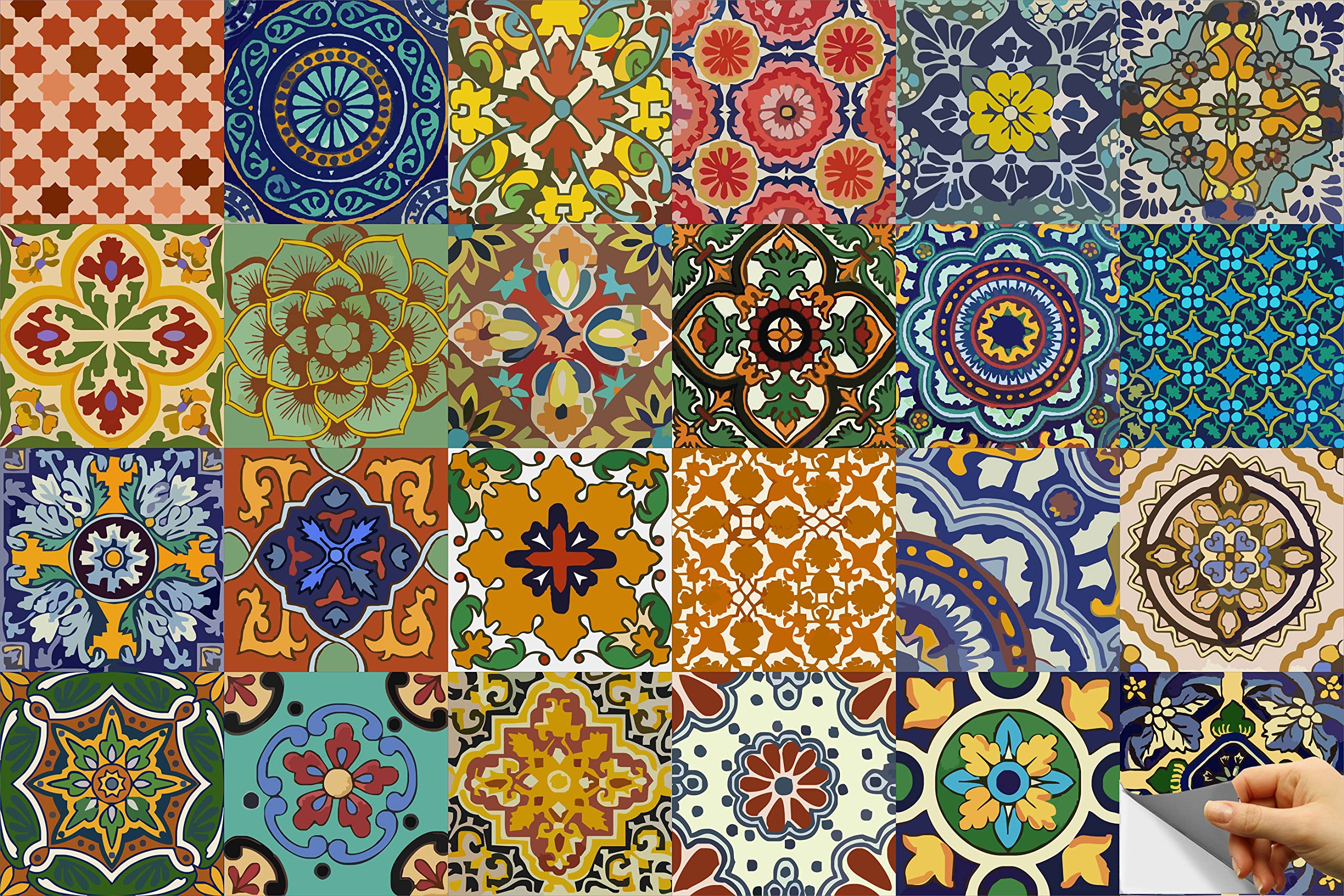 Bleucoin Talavera mexicana azulejo pegatina para cocina y cuarto de baño Backsplash Tile, Escalera Riser Peel & Stick Tile Decal, 22 diseños, paquete de 44 (20cm x 20cm (pack of 44))