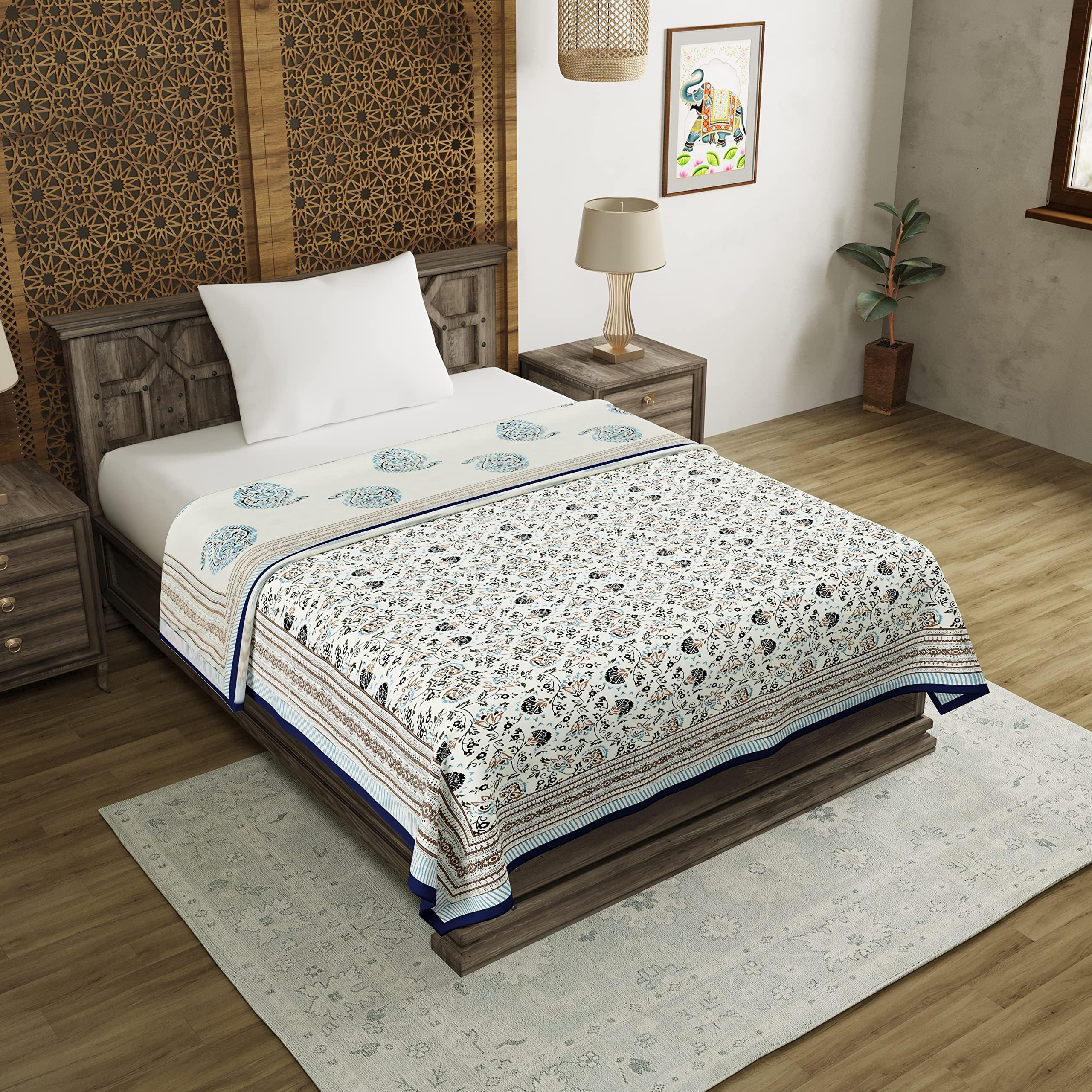 BLOCKS OF INDIA Cotton Hand Block Printed Single Size Reversible Dohar (60 x 90 Inches; Grey)