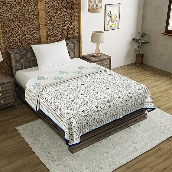 BLOCKS OF INDIA Cotton Hand Block Printed Single Size Reversible Dohar (60 x 90 Inches; Grey)