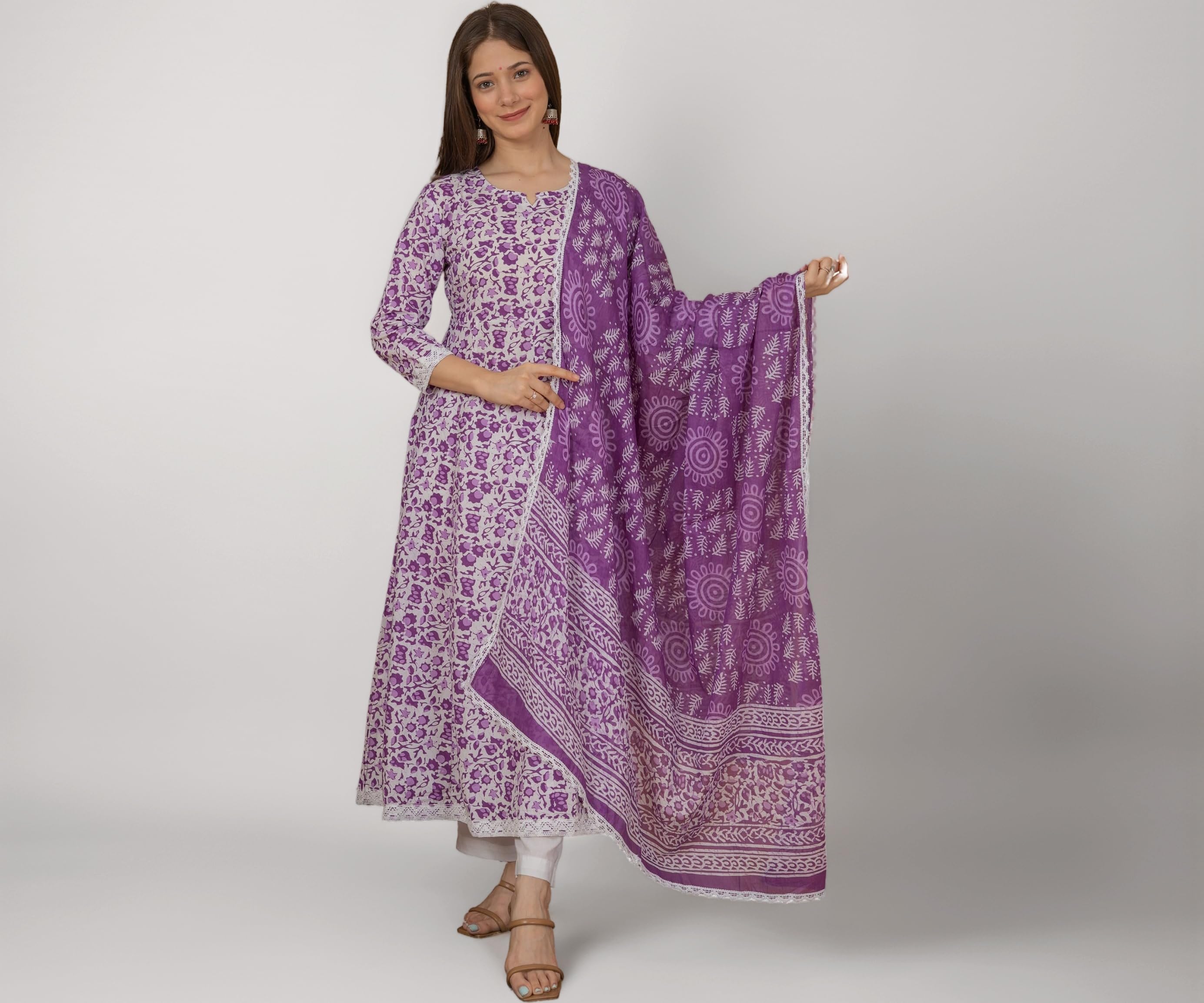 MEERA FAB Women's Cotton Printed White Anarkali Kurta with Palazzo & Dupatta Set